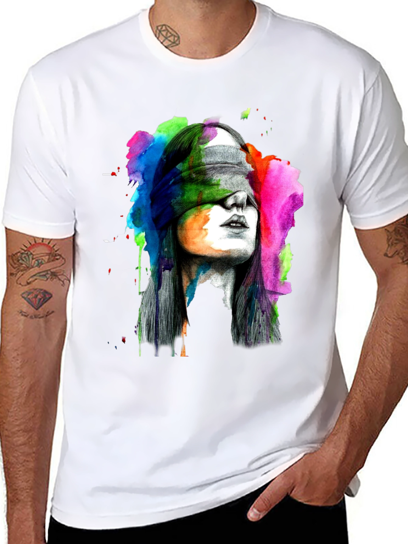 Black Blindfolded Woman Graphic Tee - Artistic Black T-Shirt view 8