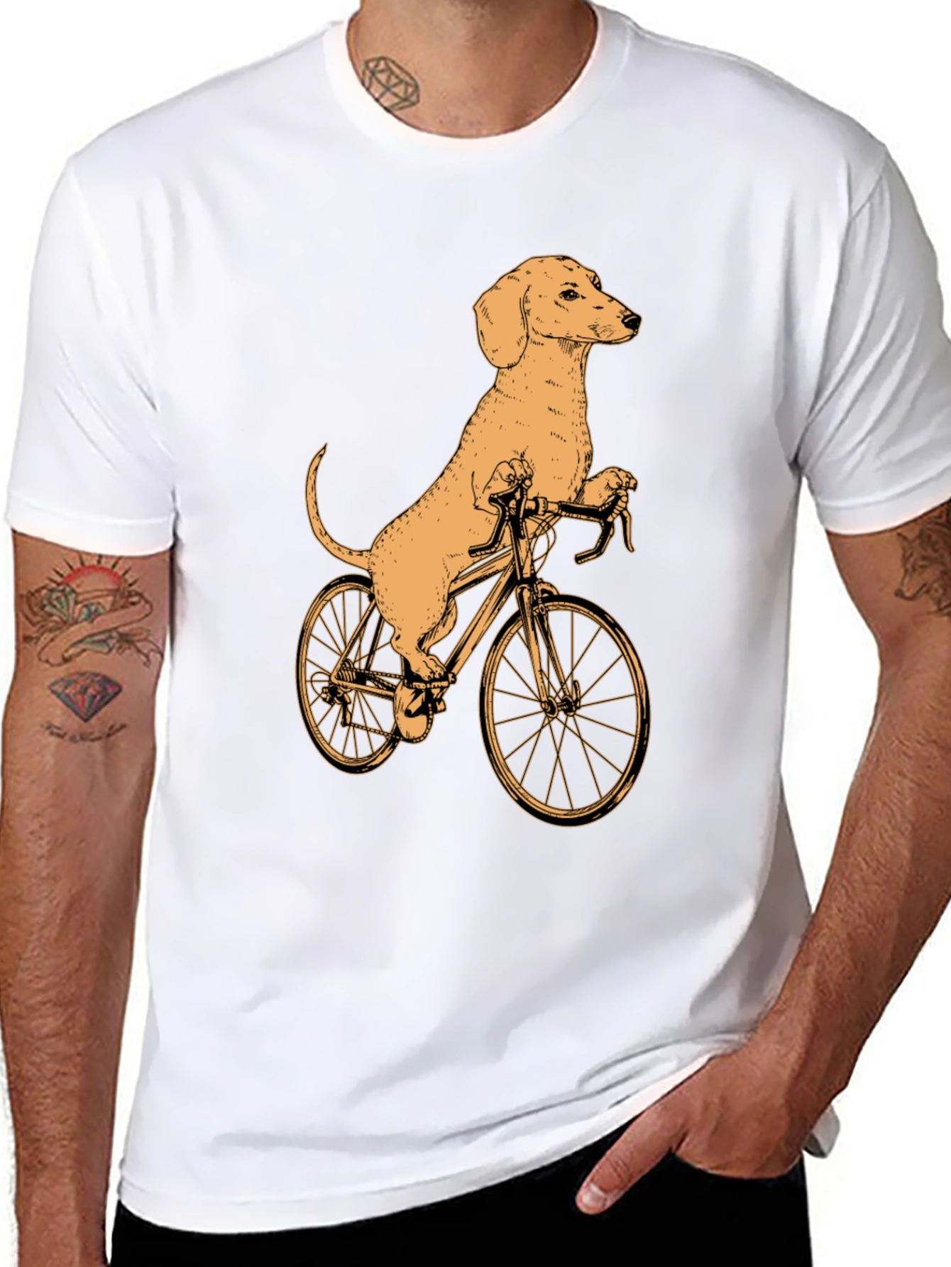 Black Dachshund on Bike T-Shirt - Black Cotton Tee view 8