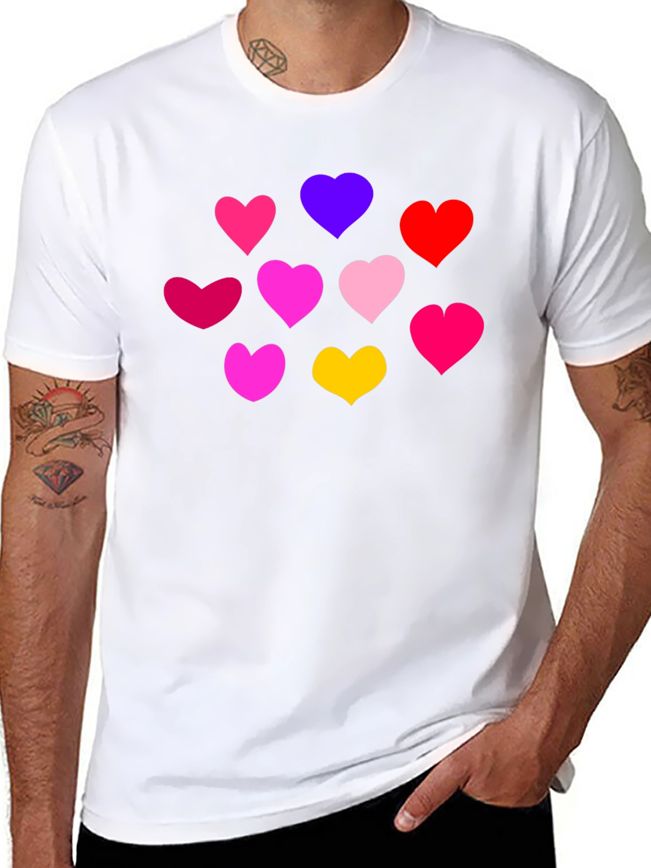 Black Heartful Tee: Colorful Hearts on Black Shirt view 8