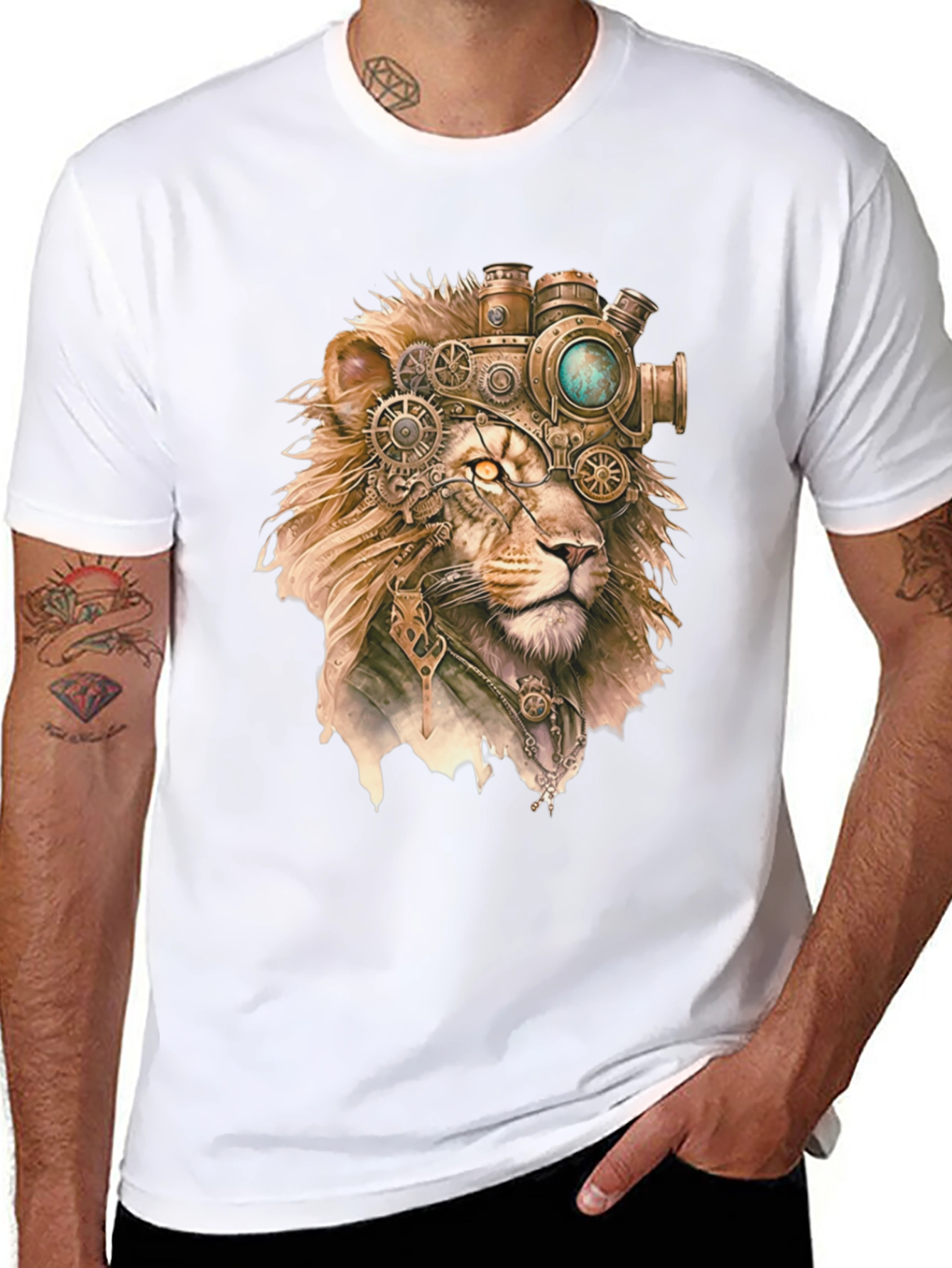 Black Steampunk Lion Graphic Print Black T-Shirt view 8