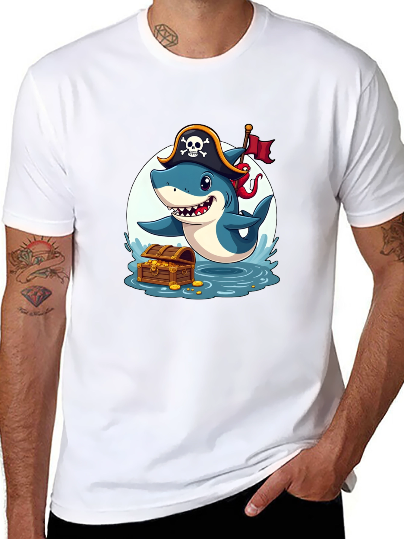 Black Pirate Shark T-Shirt - Cartoon Graphic Tee view 8