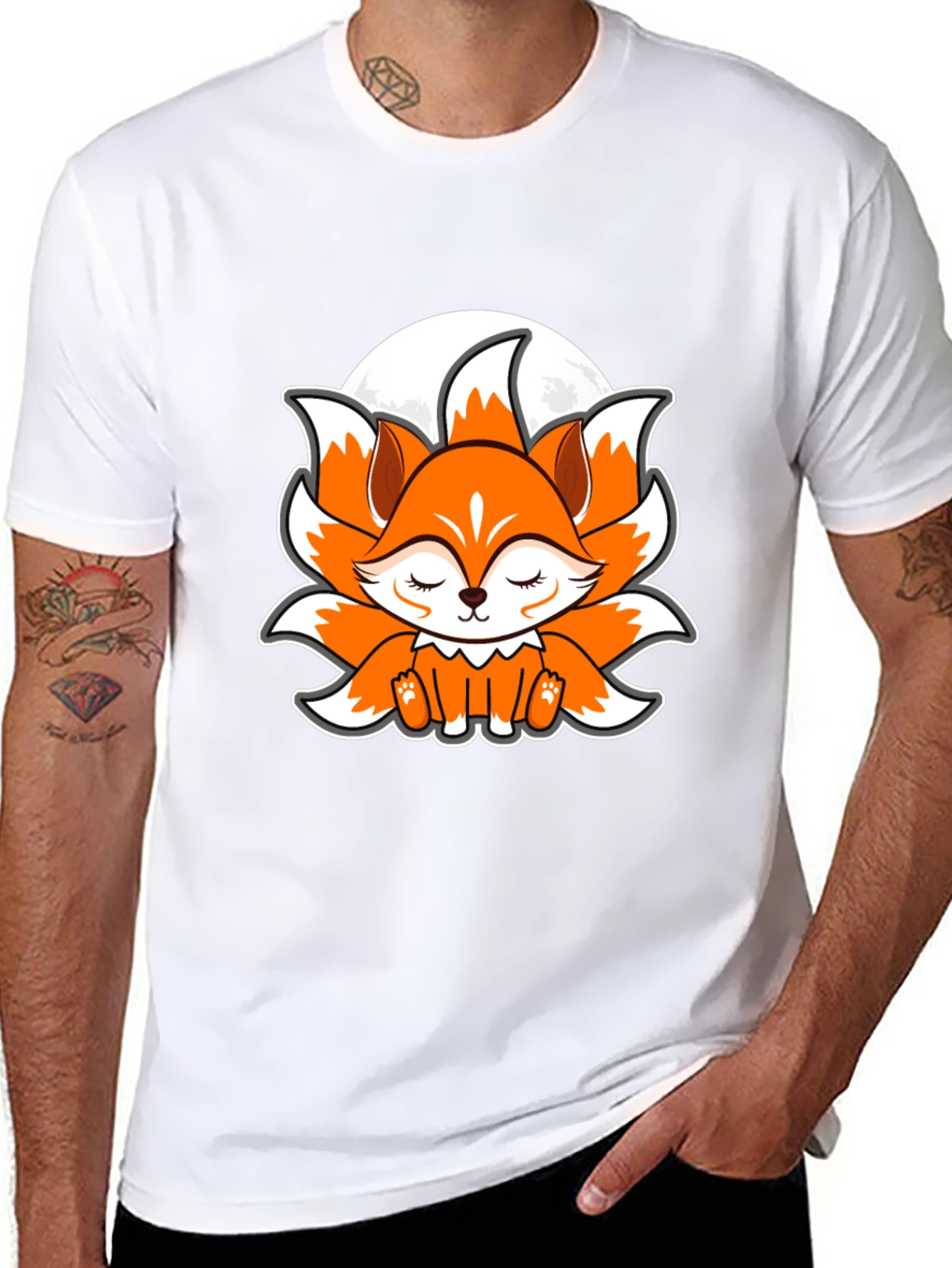 Black Cute Anime Fox Graphic Tee - Black Cotton T-Shirt view 8