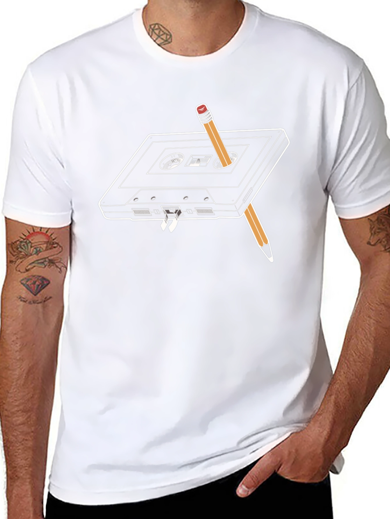Retro Cassette Tape & Pencil T-Shirt - Black - 8