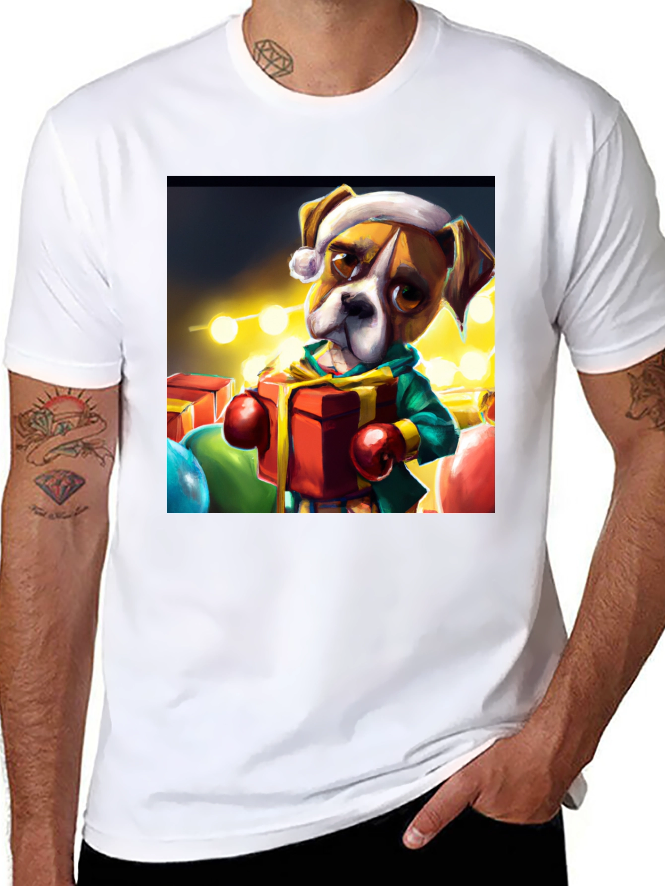 Black Festive Boxer Dog Christmas T-Shirt view 8