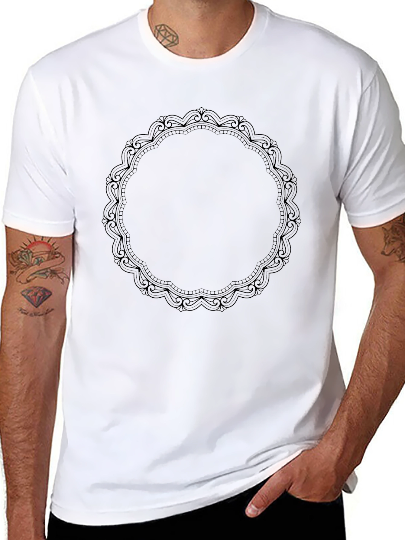 Black Men's Black T-Shirt with Ornamental Circle Design view 8