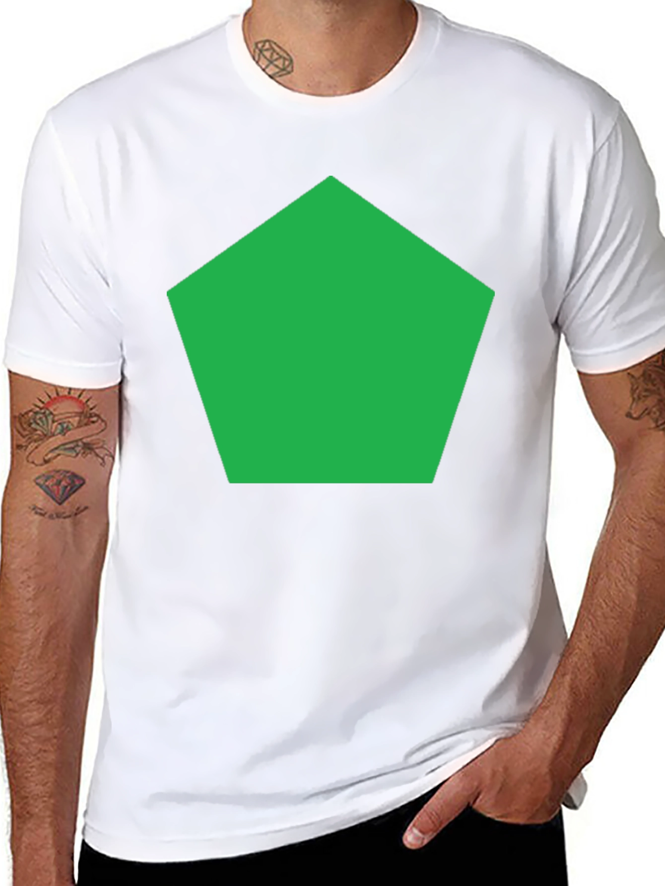 Black Modern Geometric Tee - Green Pentagon Design view 8