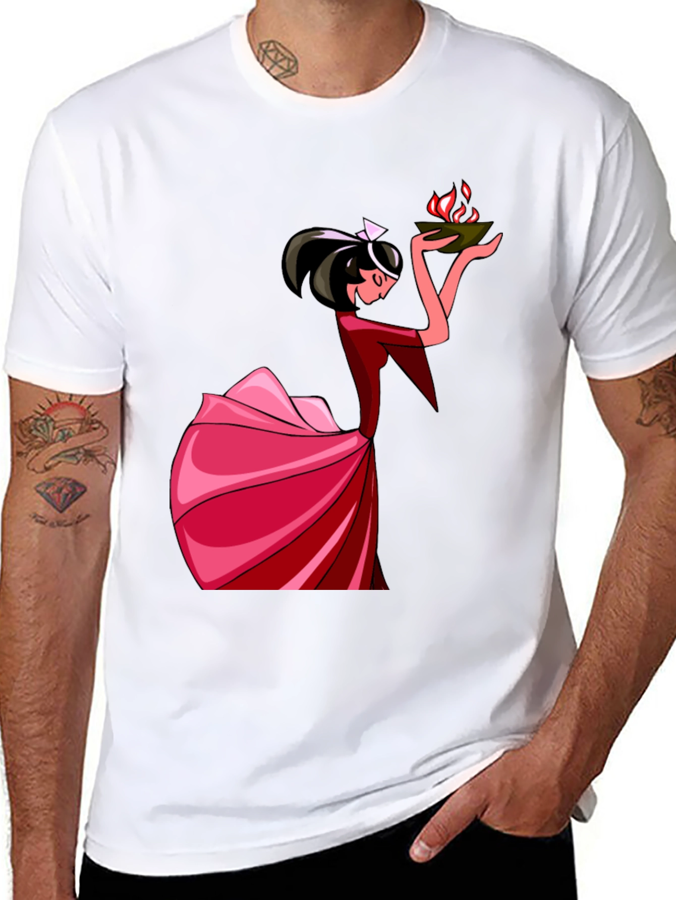 Black Unique Graphic T-Shirt: Lady with Fire view 8