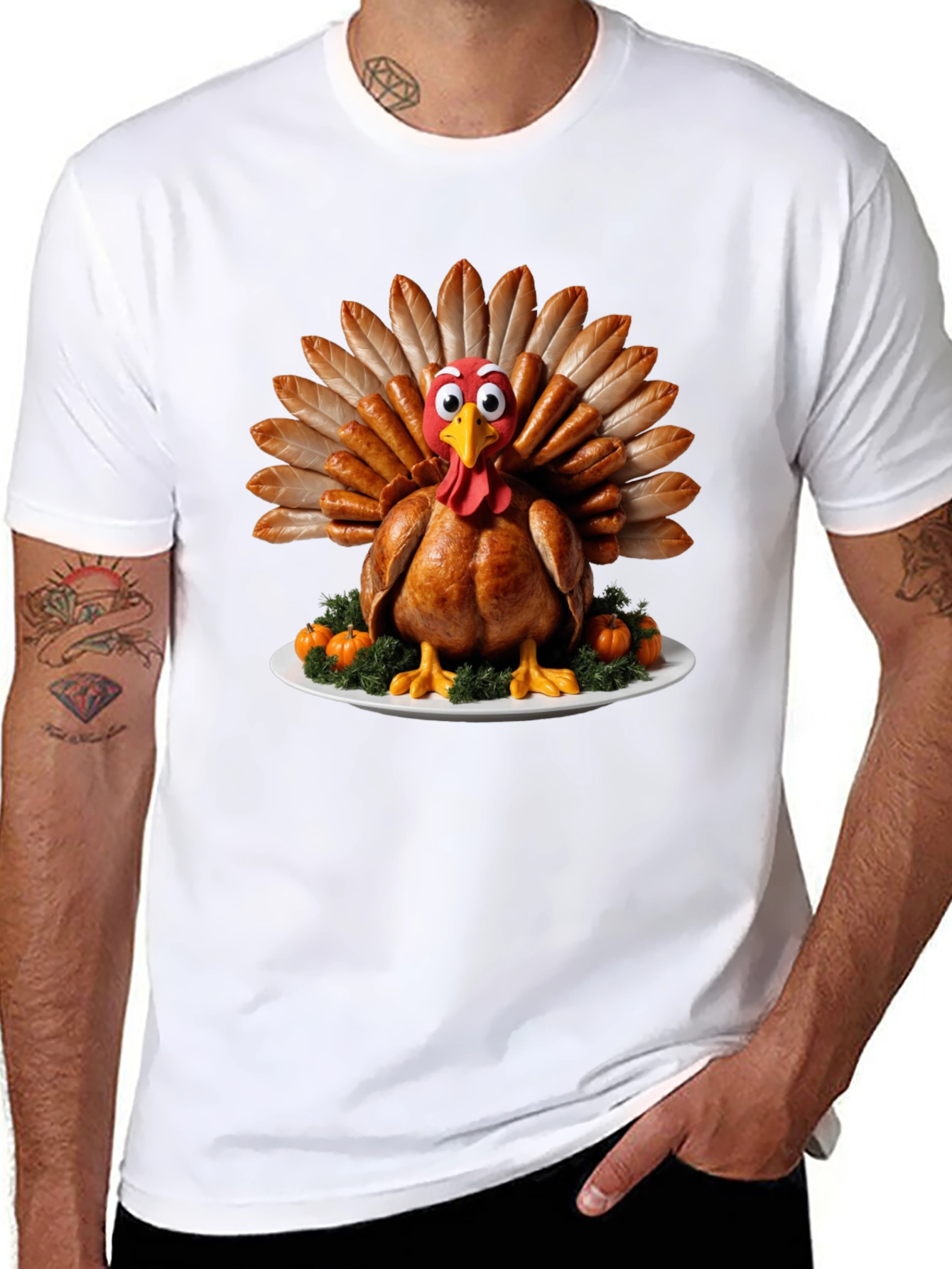 Black Thanksgiving Turkey T-Shirt - Sausage Feather Cartoon Bird view 8