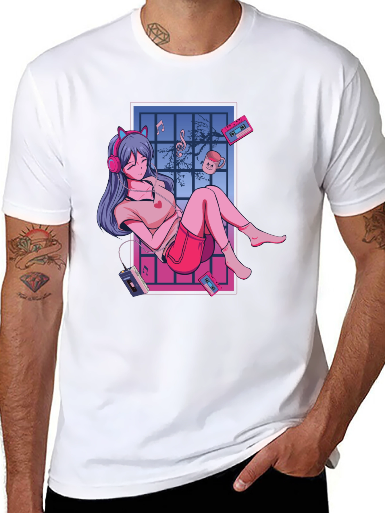 Black Anime Girl Music Lover T-Shirt - Black view 8