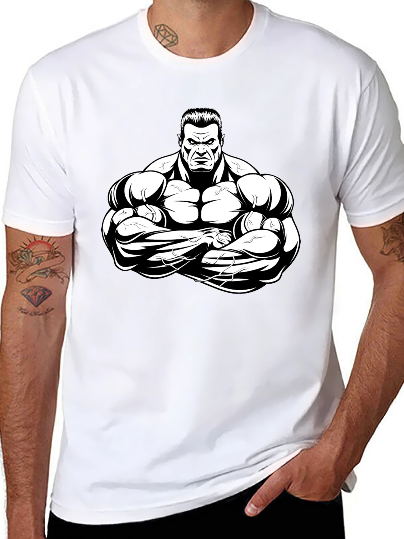 Black Black T-Shirt with Muscular Cartoon Graphic view 8