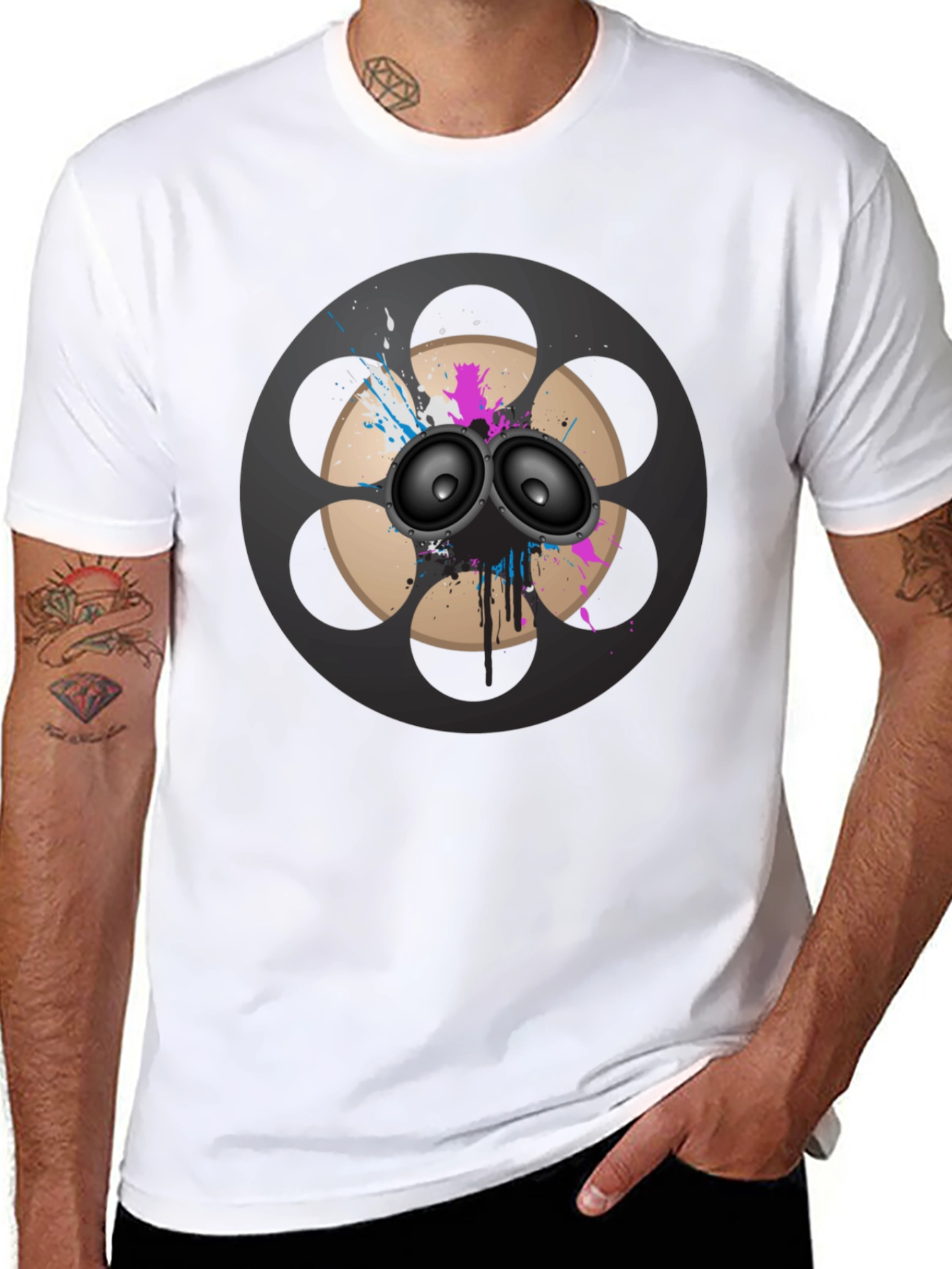 Black Retro Film Reel Speaker Graphic T-Shirt view 8