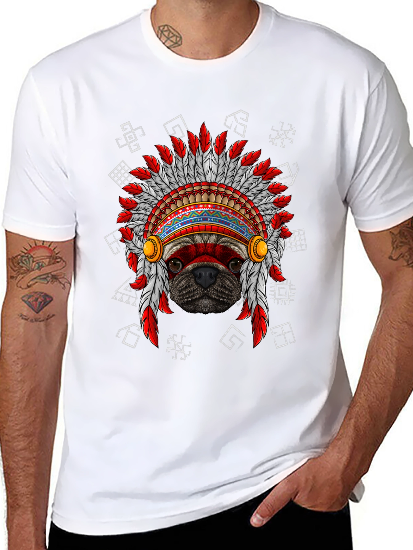 Black Pug Indian Chief Headdress Graphic T-Shirt view 8