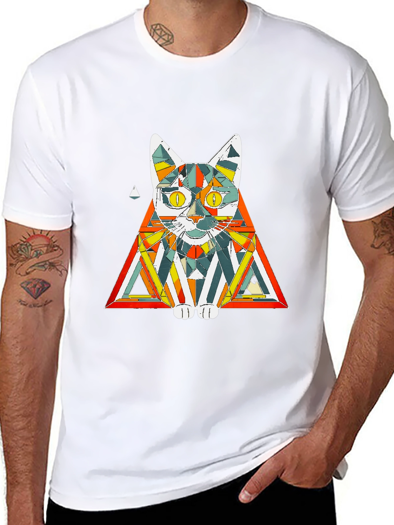 Black Geometric Cat T-Shirt: Colorful & Modern view 8