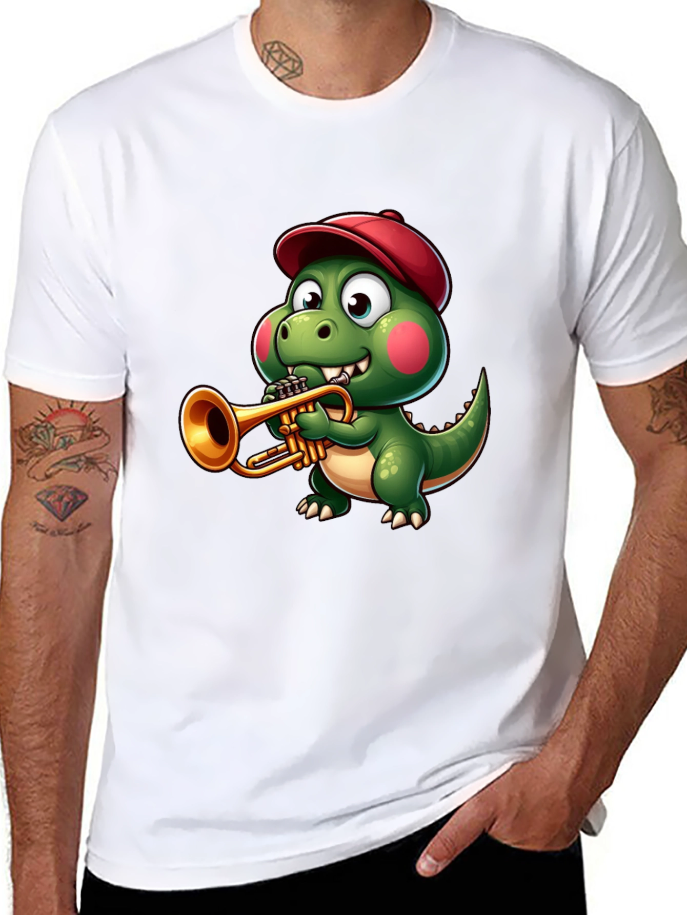 Black Trumpet Dinosaur T-Shirt - Cartoon Music Tee view 8