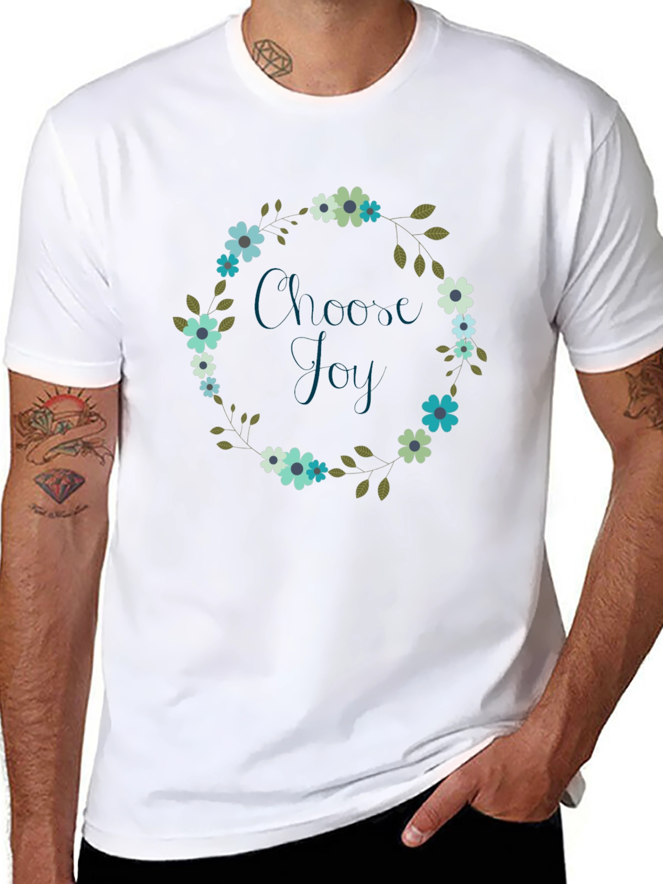 Black Choose Joy Floral Wreath Black T-Shirt view 8