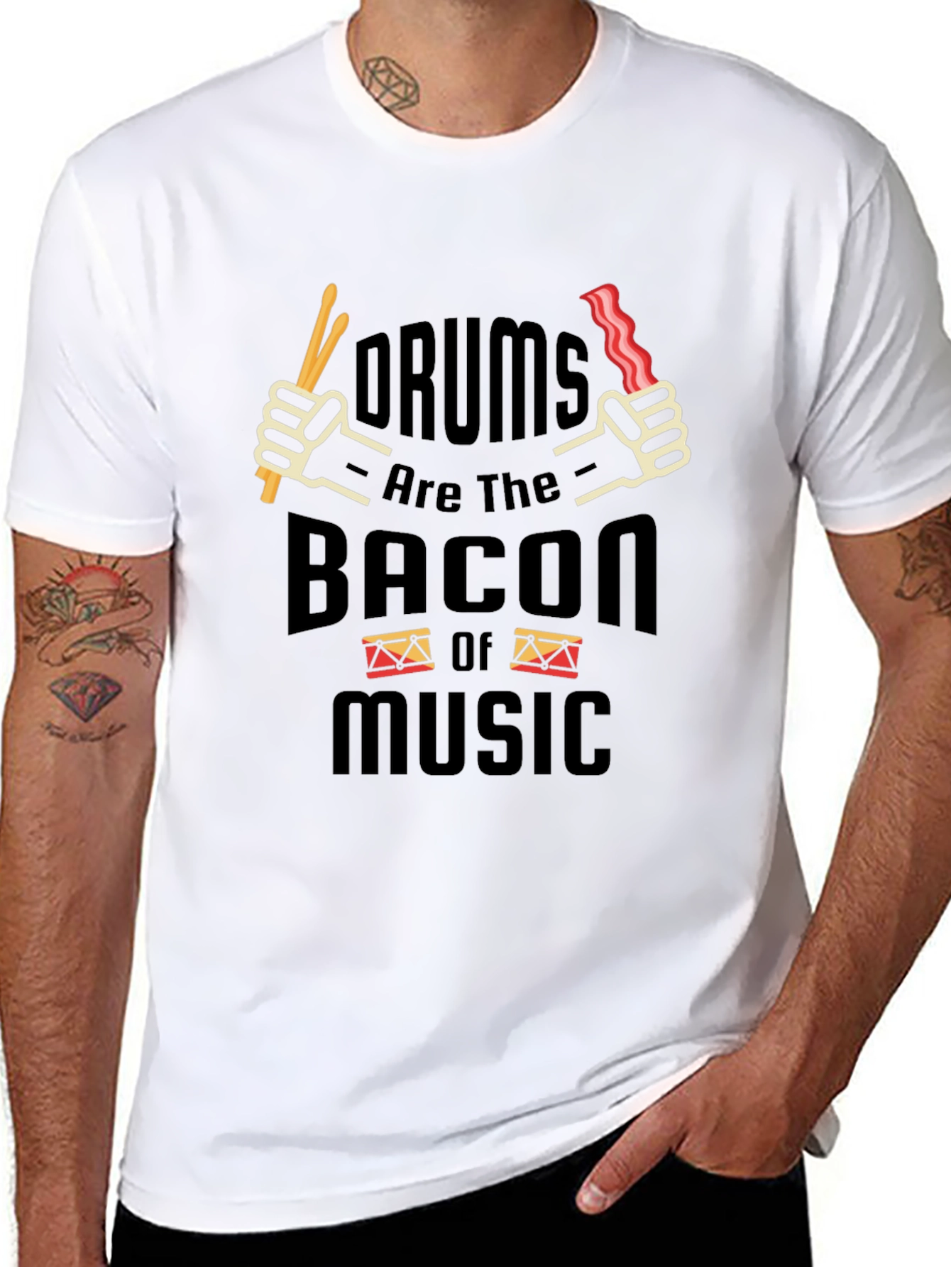 Black Drums Bacon Music T-Shirt Funny Musician Tee view 8
