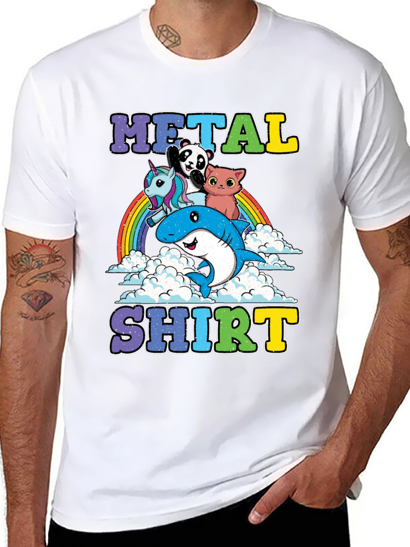 Black Metal Shirt with Cartoon Animals on Rainbow view 8