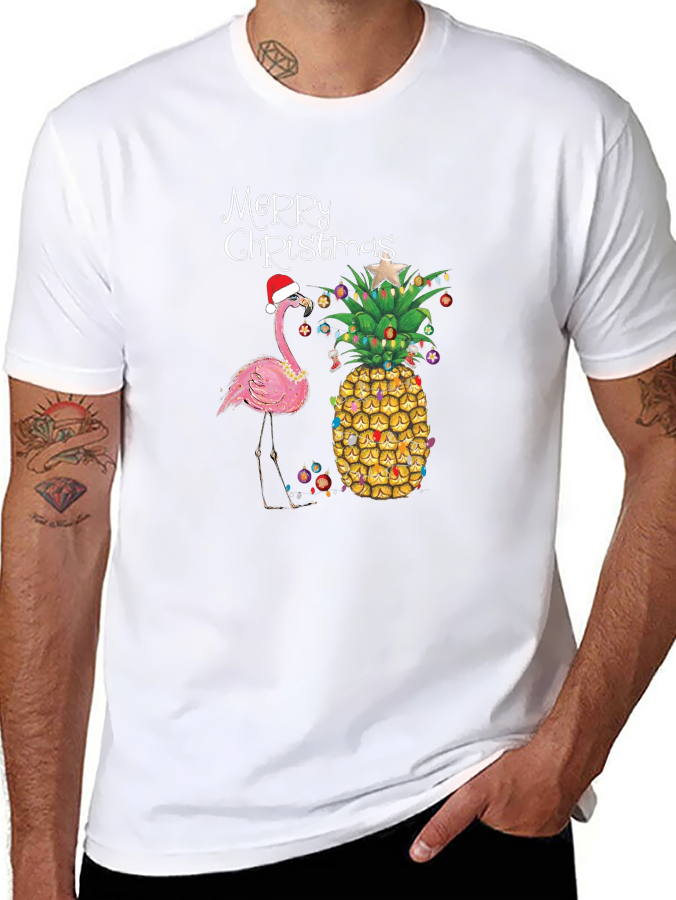 Black Festive Flamingo Pineapple Christmas Tee view 8