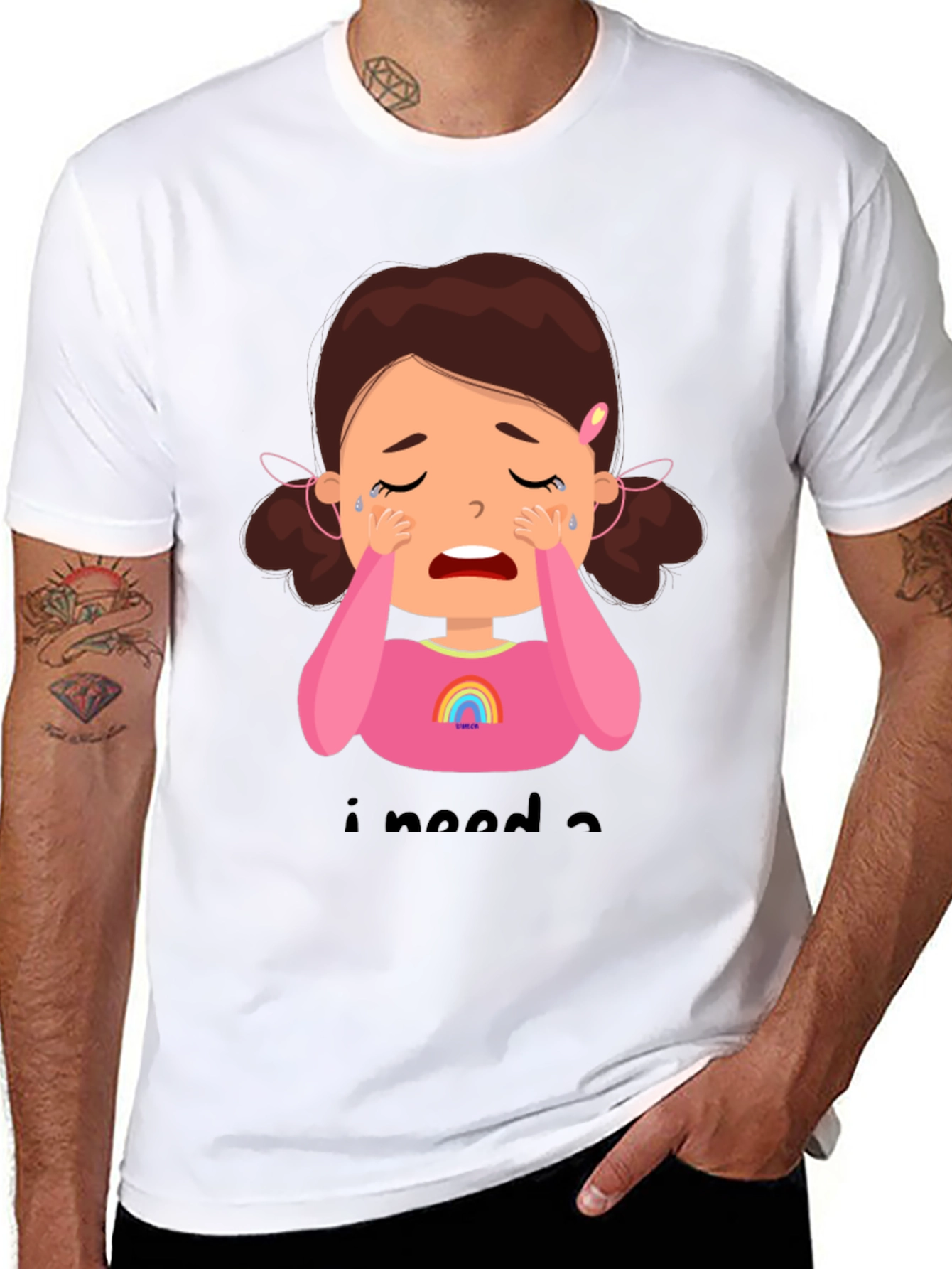 Black Crying Cartoon Girl Graphic Tee - Black Unisex Shirt view 8