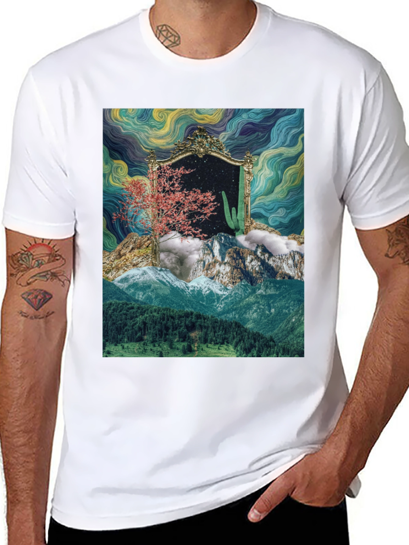 Black Surreal Landscape Mirror Graphic T-Shirt view 8