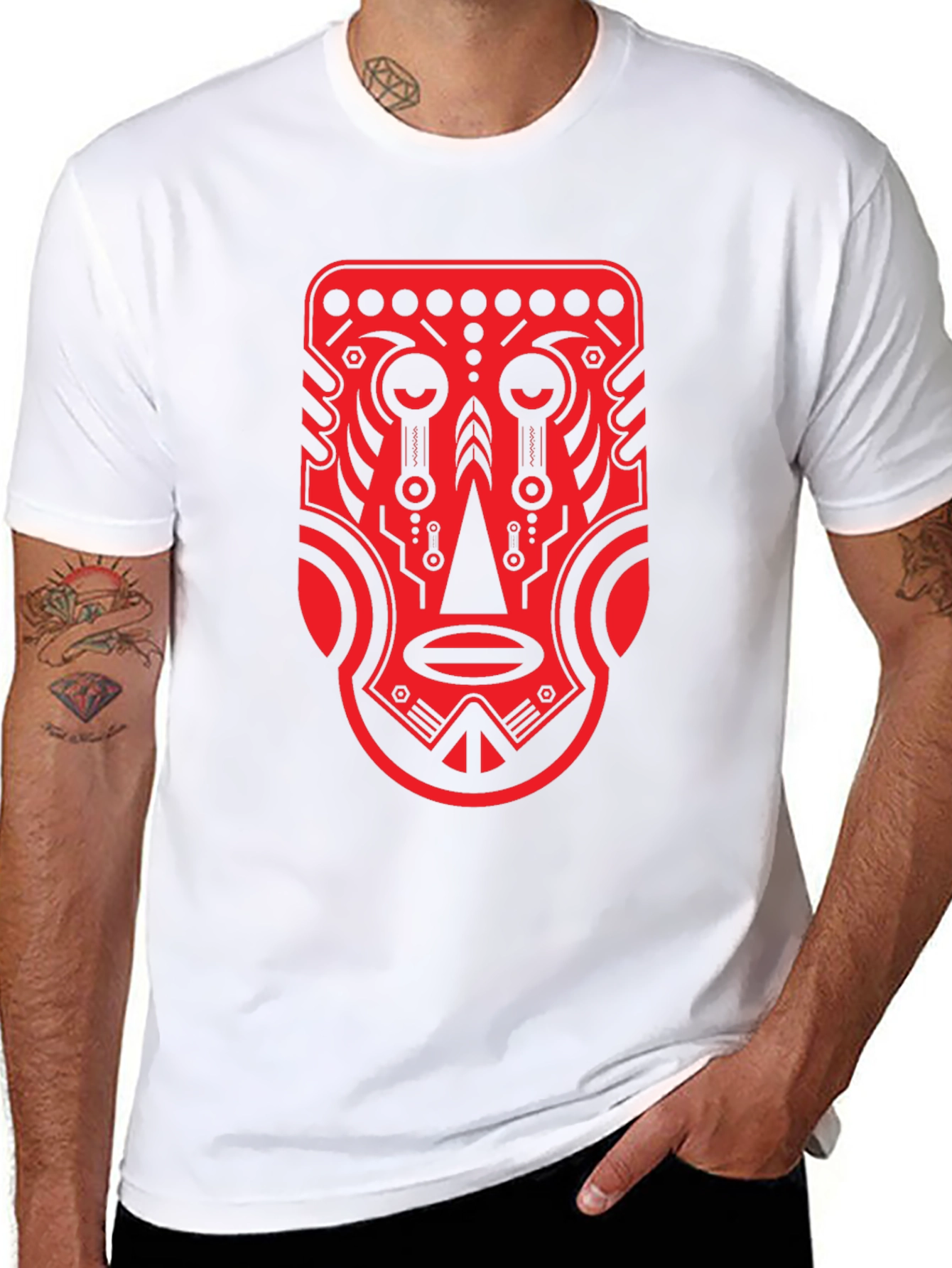 Black Tribal Mask Graphic Tee - Bold Red Design view 8