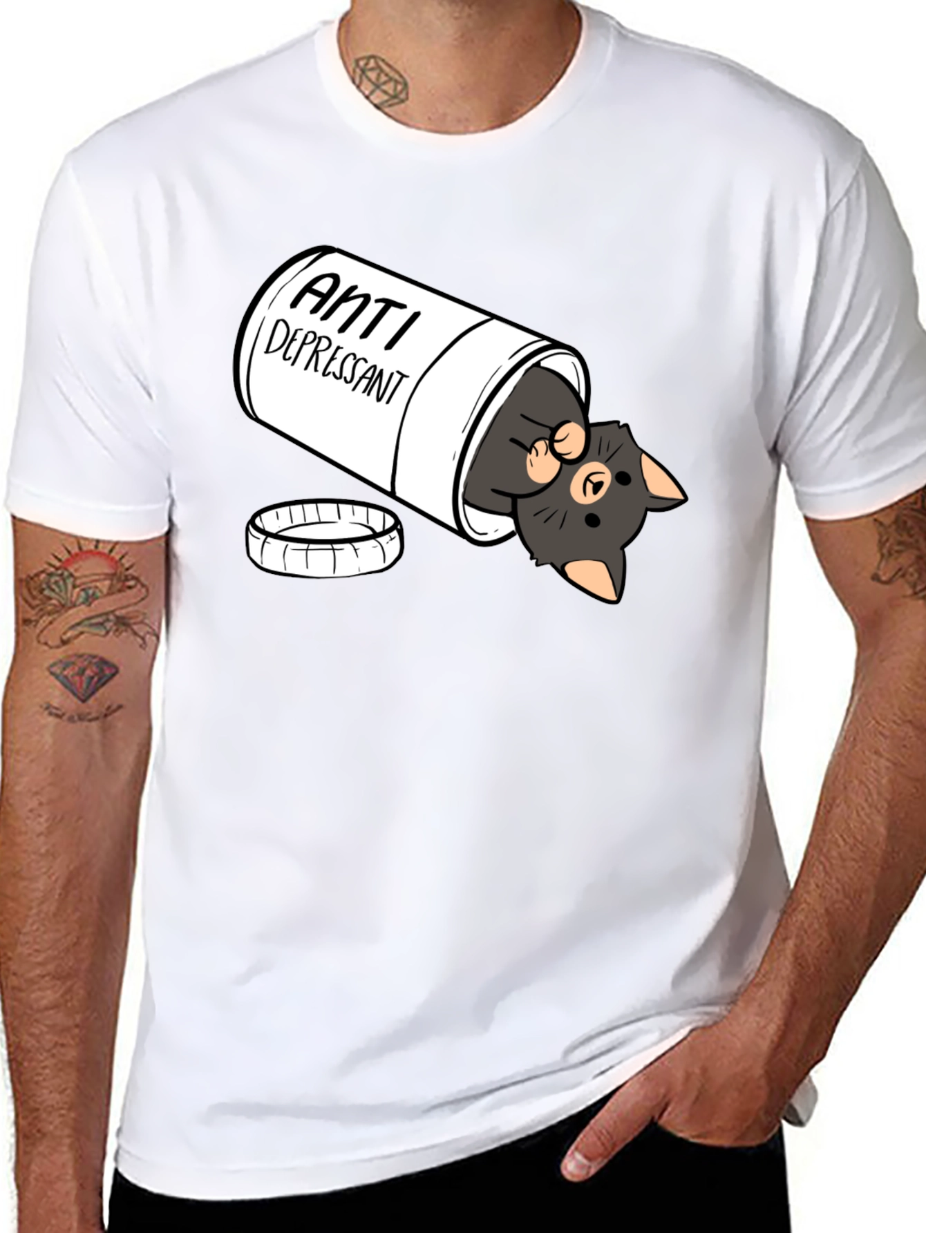 Black Anti-Depressant Cat T-Shirt - Black Crew Neck view 8