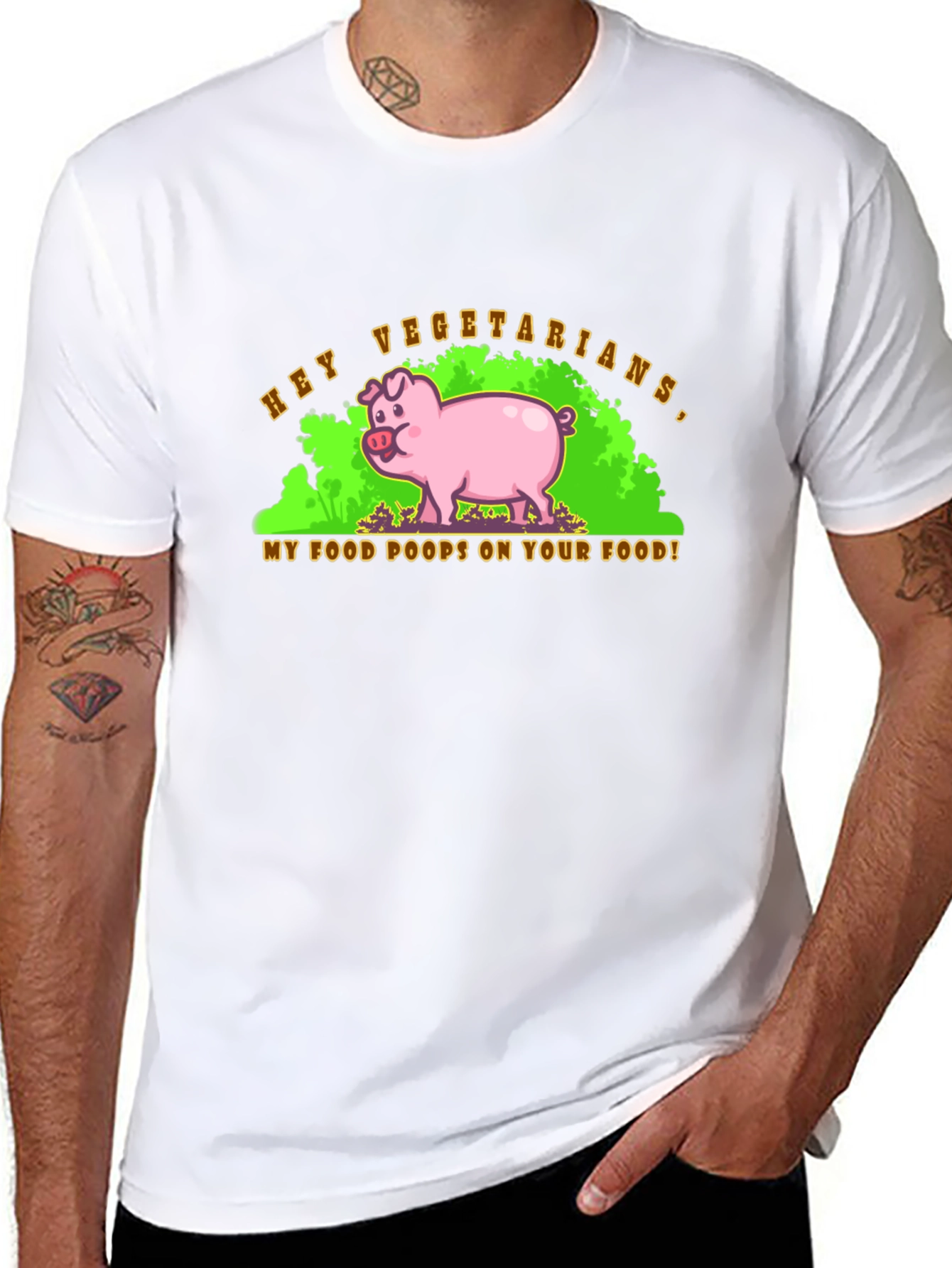 Black Hey Vegetarians Pig Humor Graphic T-Shirt view 8