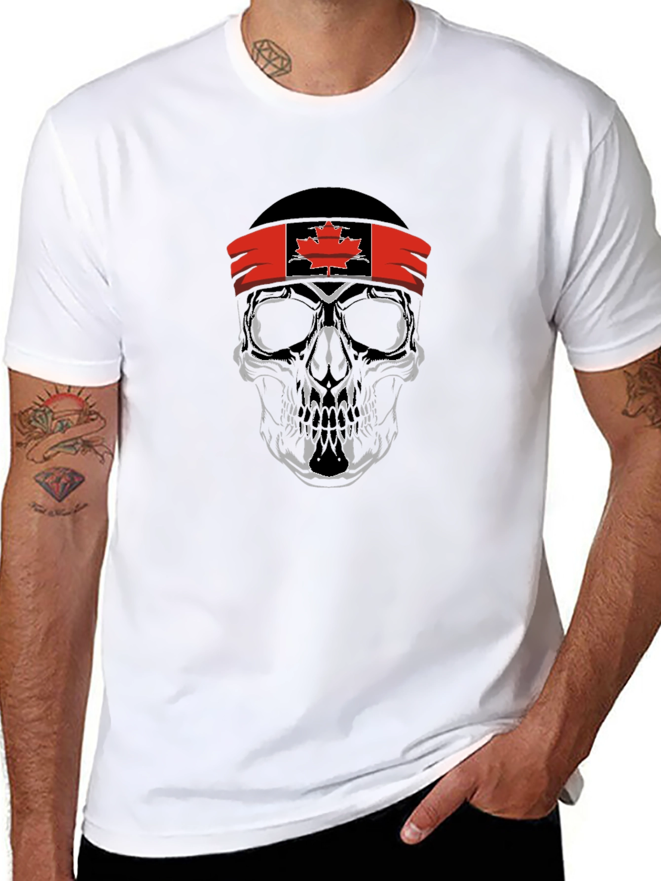 Black Skull with Canadian Flag Headband Graphic T-Shirt view 8