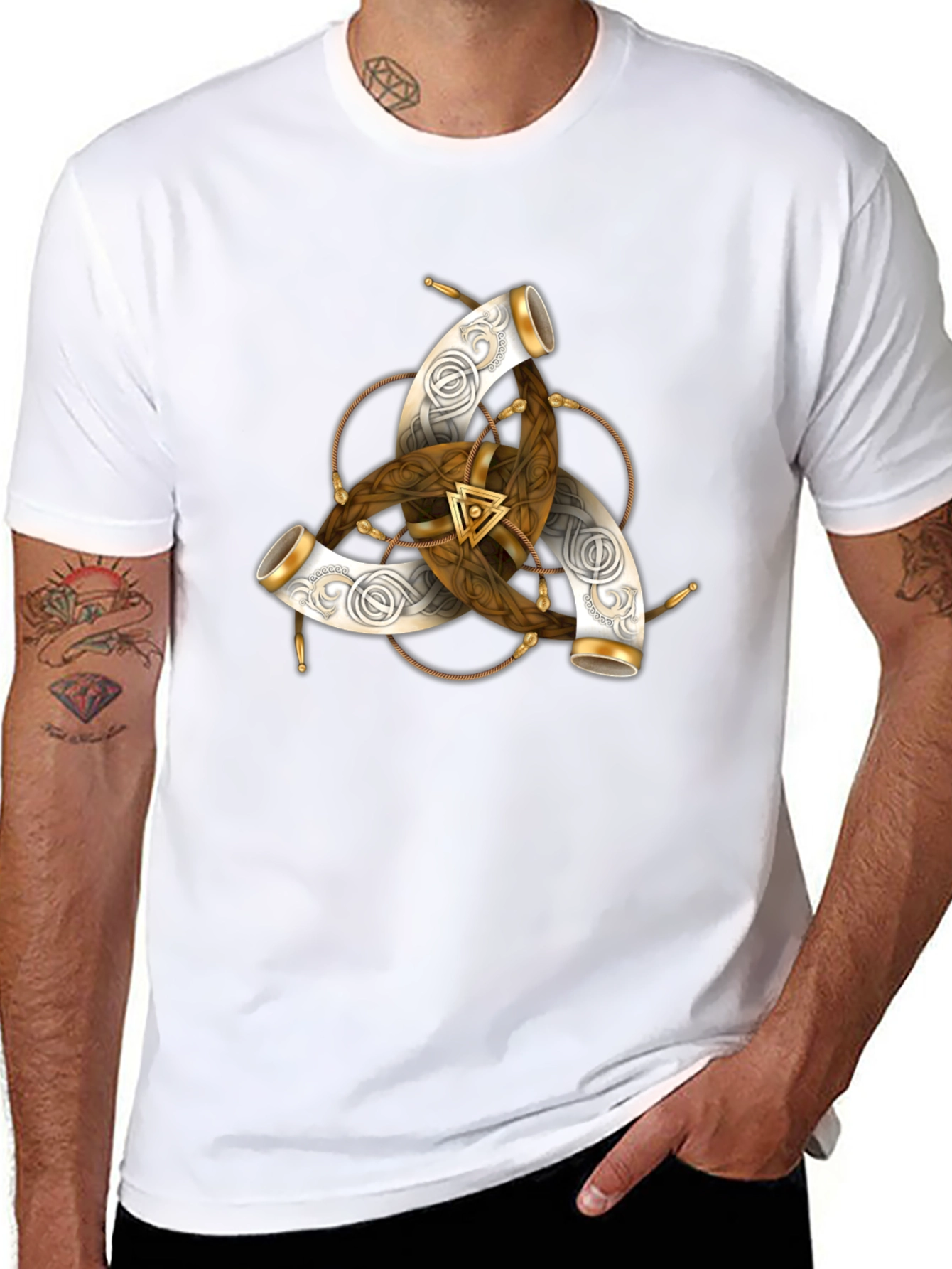 Black Men's Black T-Shirt with Viking Horns Symbol Design view 8