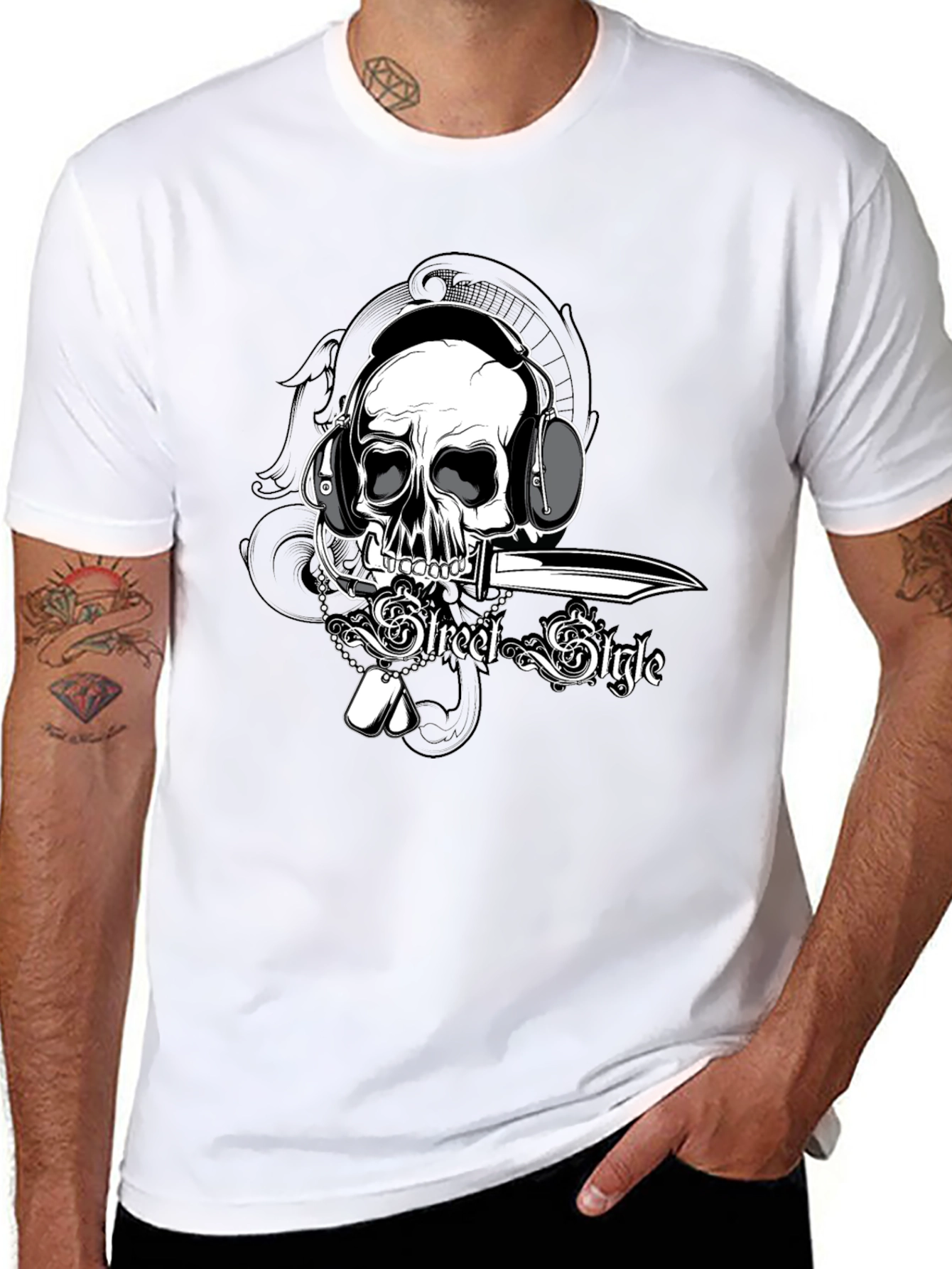 Black Skull with Headphones Graphic Tee view 8