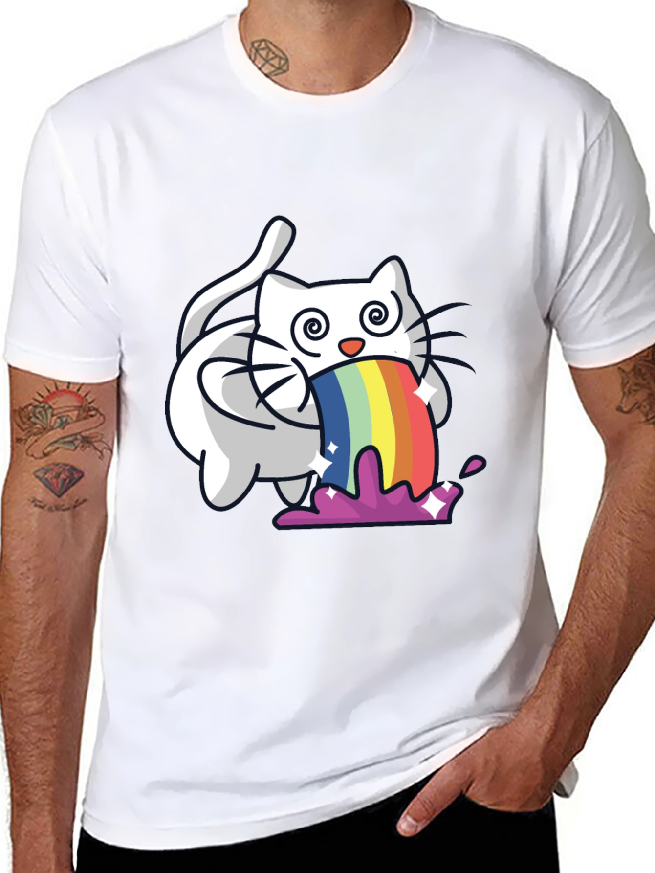 Black Rainbow Puking Cat T-Shirt - Funny Graphic Tee view 8
