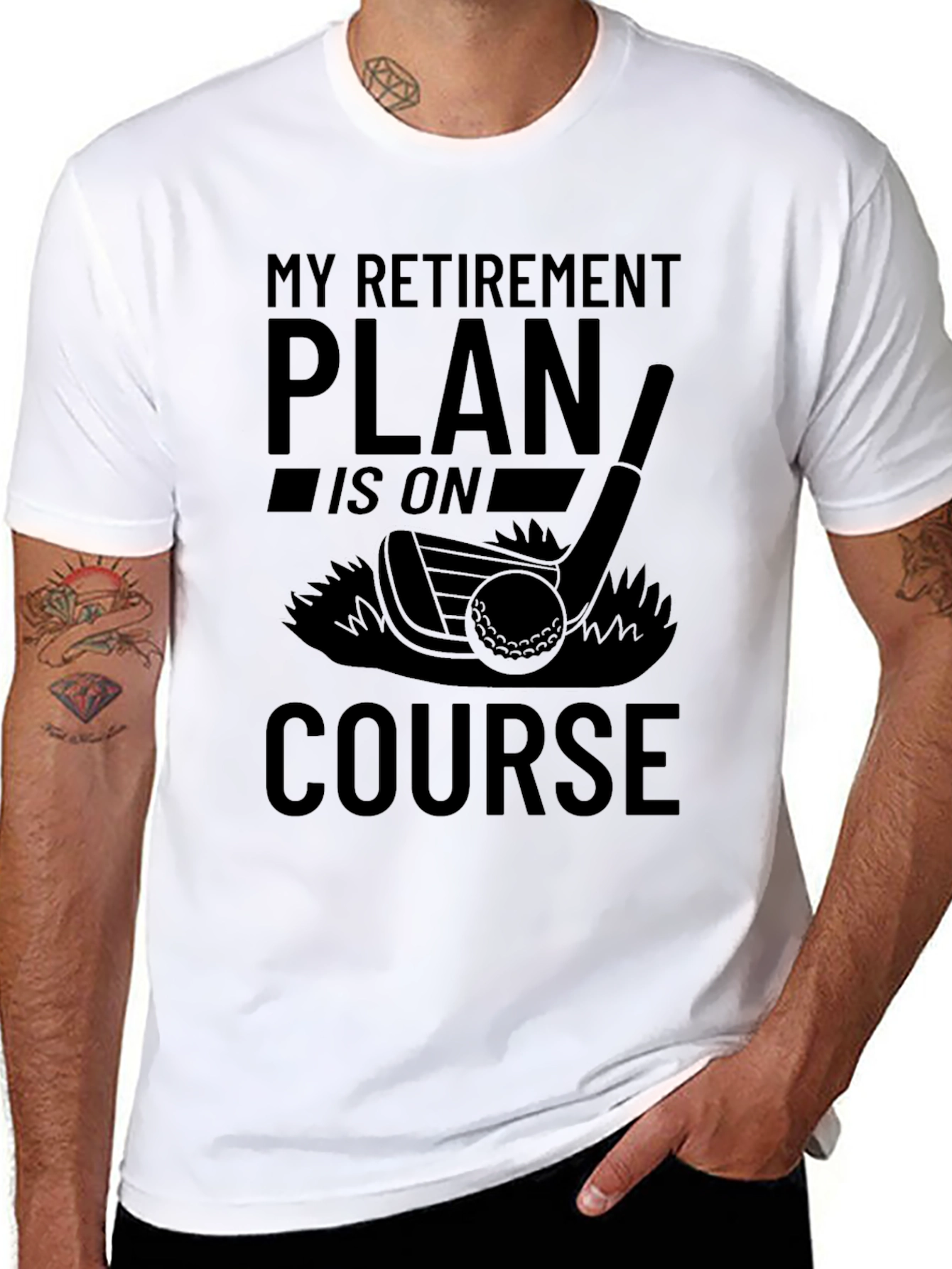 Black Retirement Plan Golf T-Shirt - On Course view 8