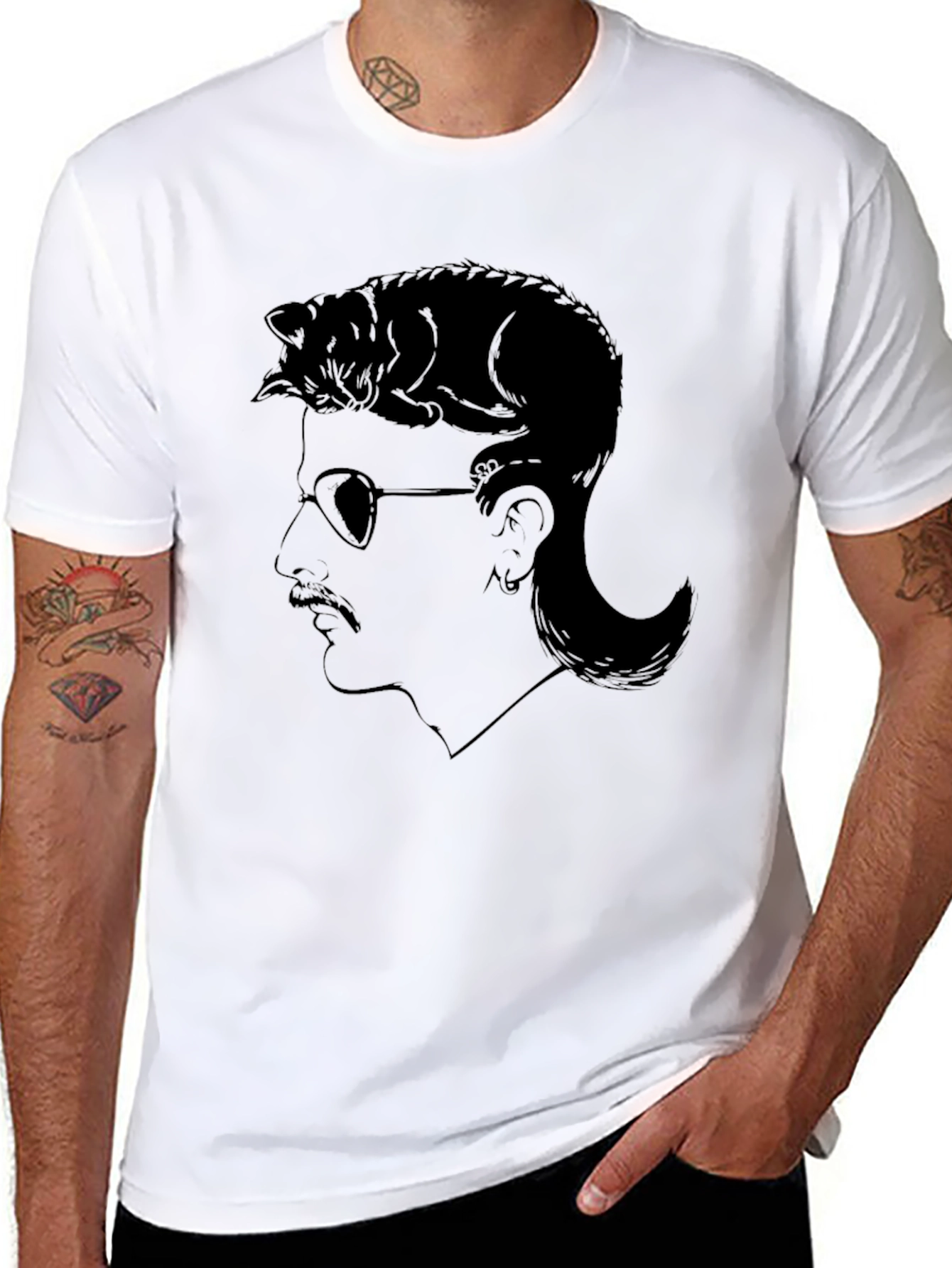 Black Cool Cat Mullet T-Shirt - Unique Graphic Tee view 8