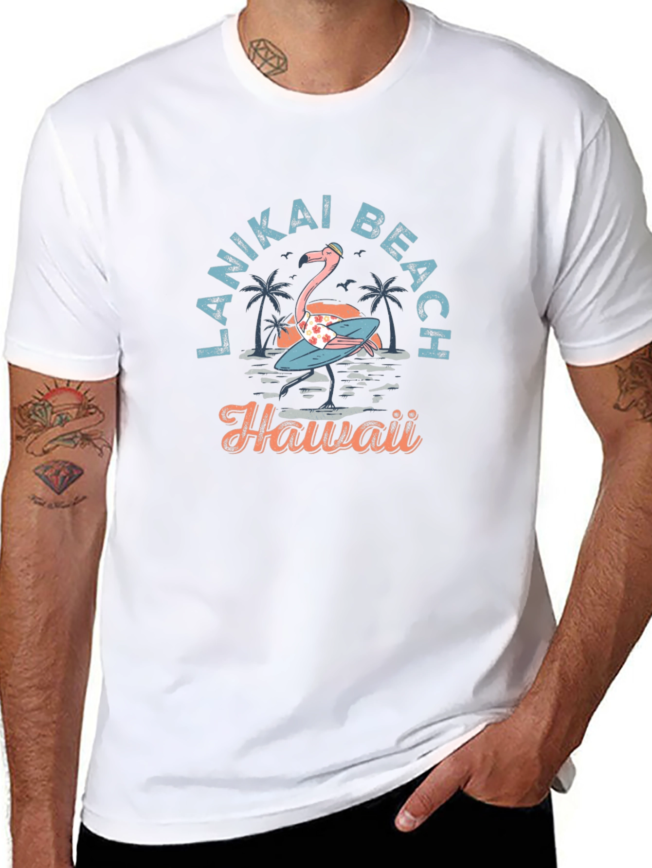 Black Lanikai Beach Hawaii Flamingo T-Shirt view 8