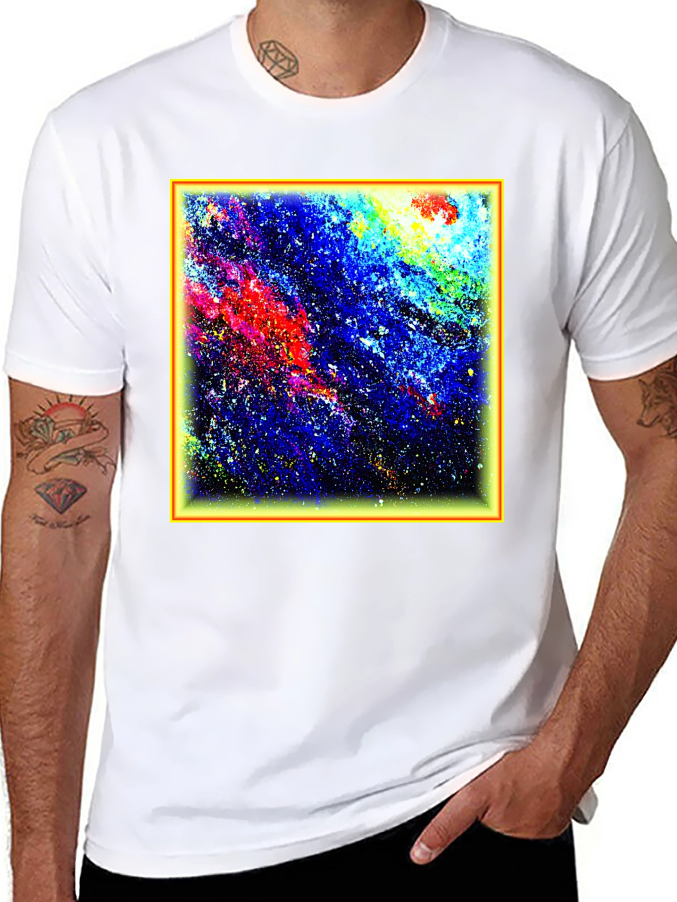 Black Abstract Art T-Shirt - Colorful Galaxy Design view 8