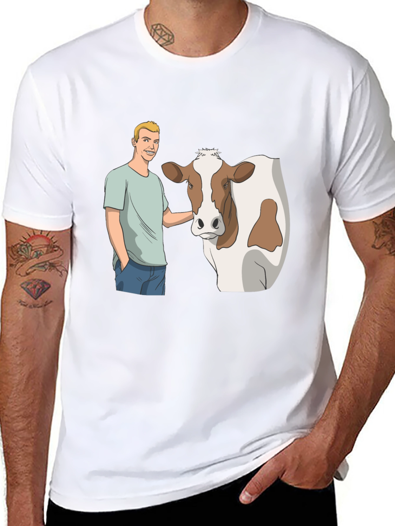 Black Cartoon Man & Cow Black T-Shirt view 8