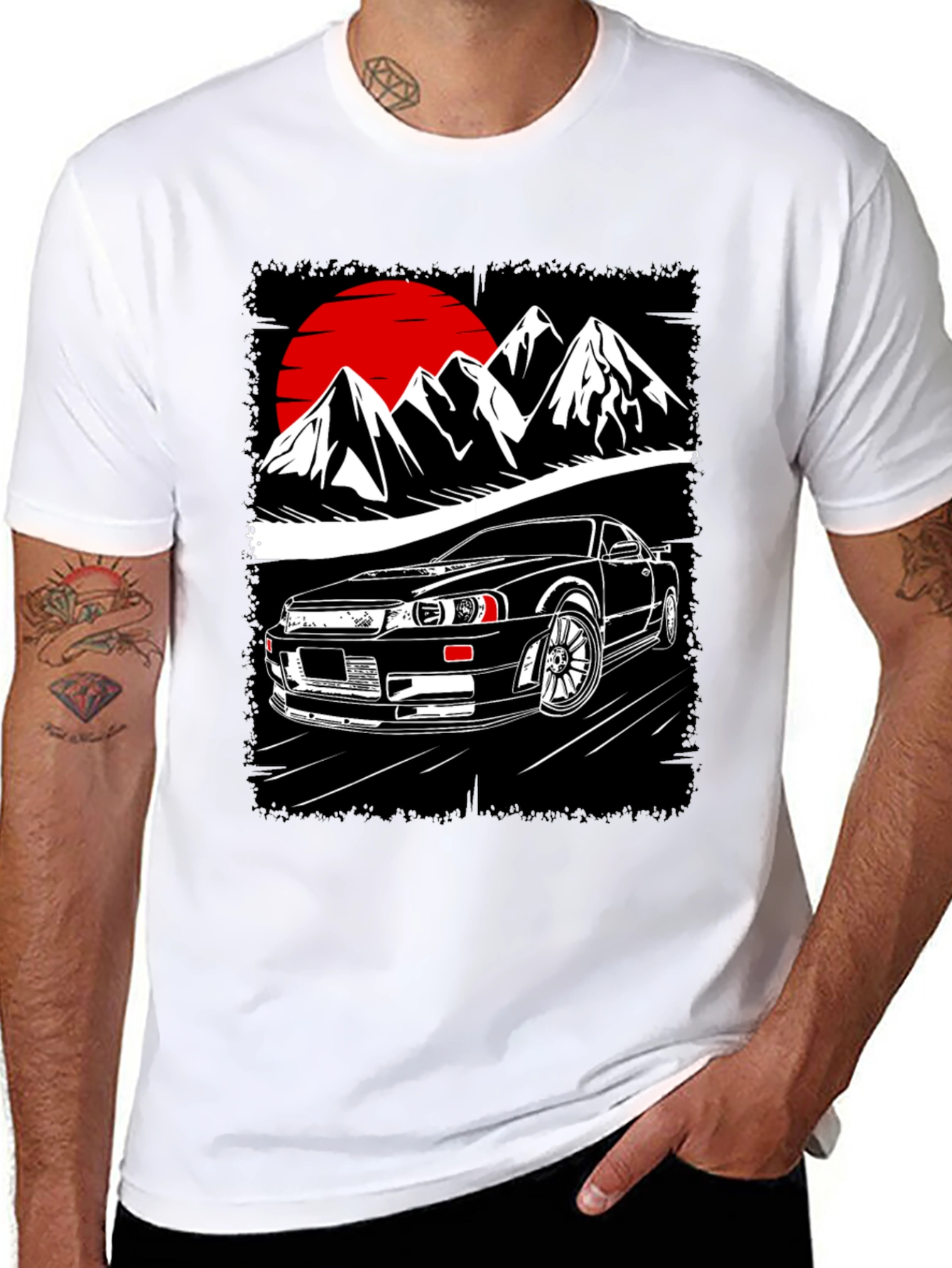 Black Car & Mountain Graphic Tee - Black Cotton T-Shirt view 8