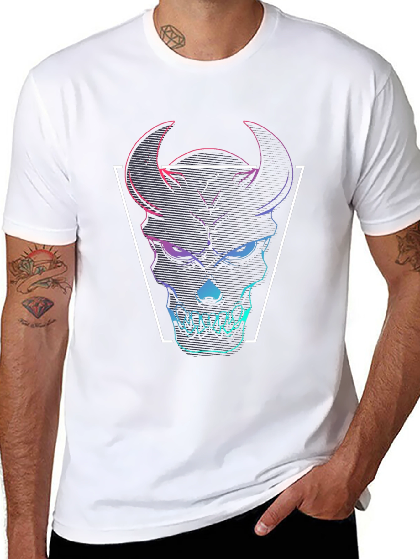 Black Neon Demon Skull Graphic Tee - Black Cotton T-Shirt view 8