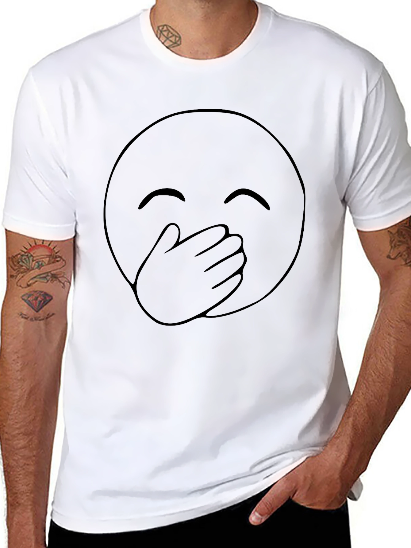 Black Emoji Cover Mouth Graphic Tee - Black Cotton Casual Shirt view 8