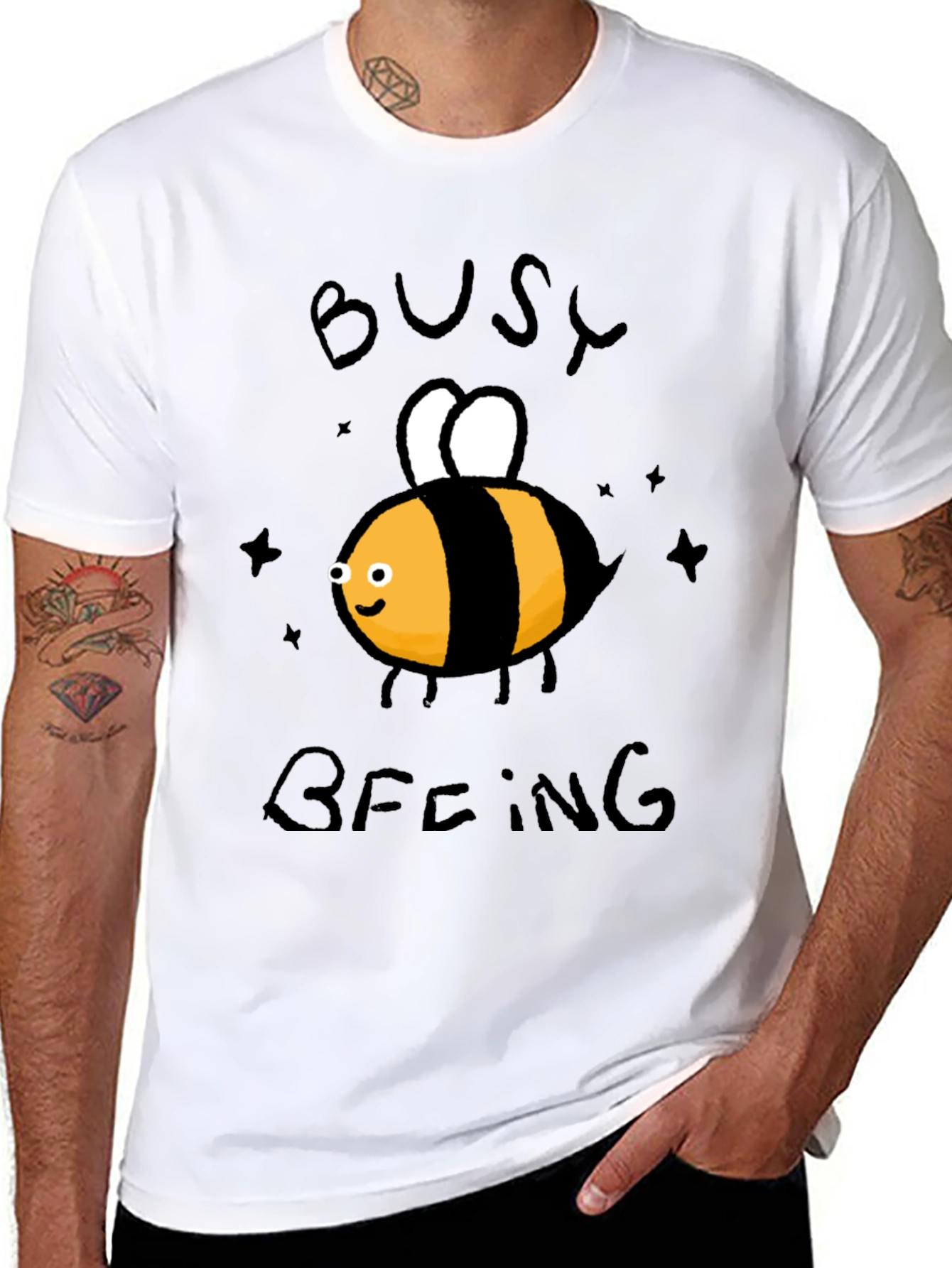 Black Busy Beeing T-Shirt - Black Crew Neck Graphic Tee view 8