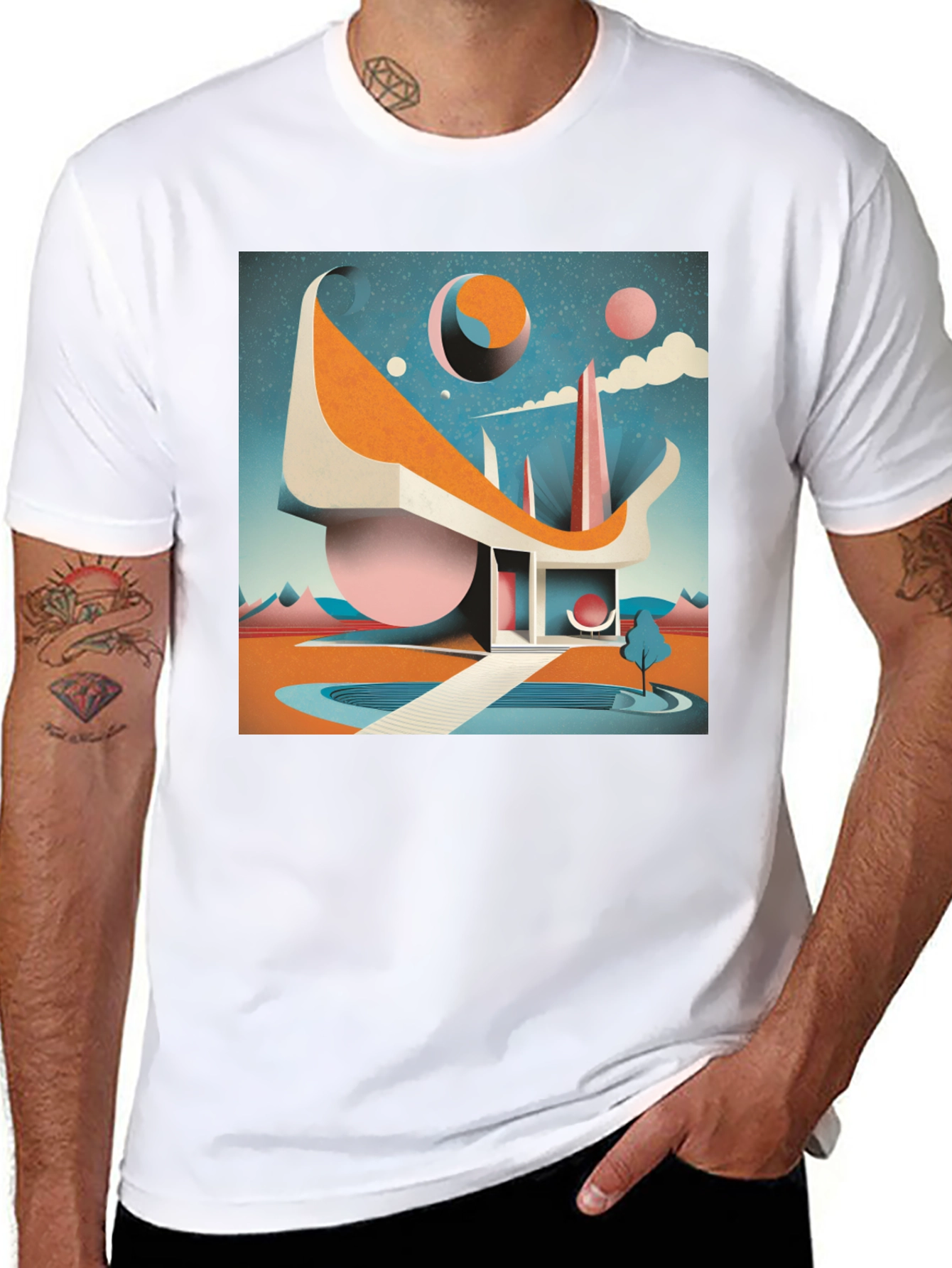 Black Retro Futuristic T-Shirt: Modernist Architectural Design view 8