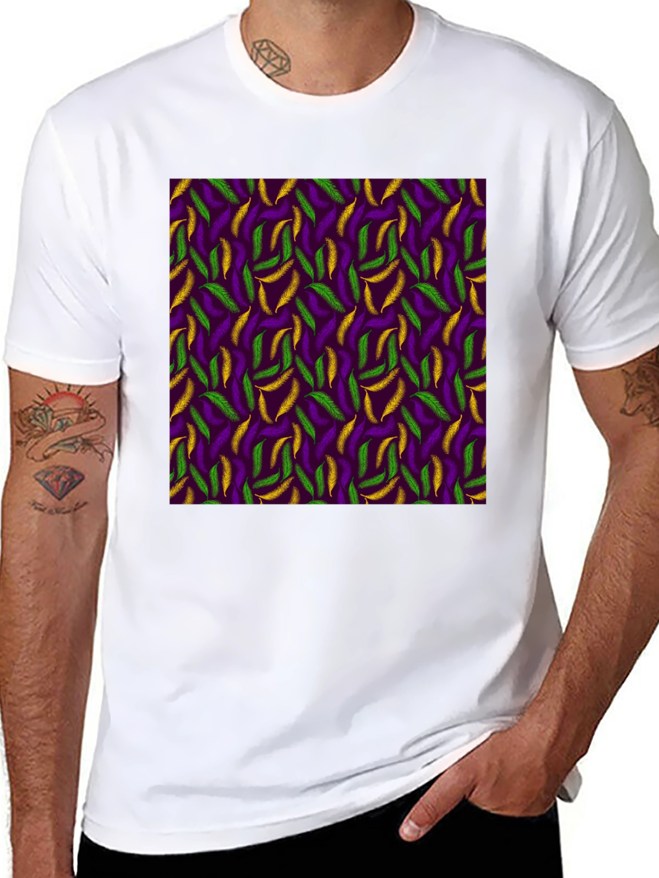 Black Mardi Gras Feather Pattern Crewneck T-Shirt view 8