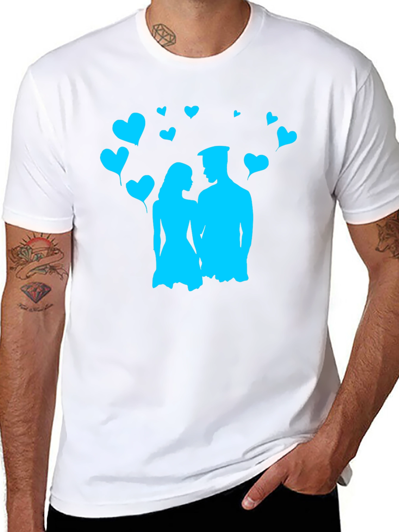 Black Couple's Love T-Shirt - Black with Blue Heart Design view 8