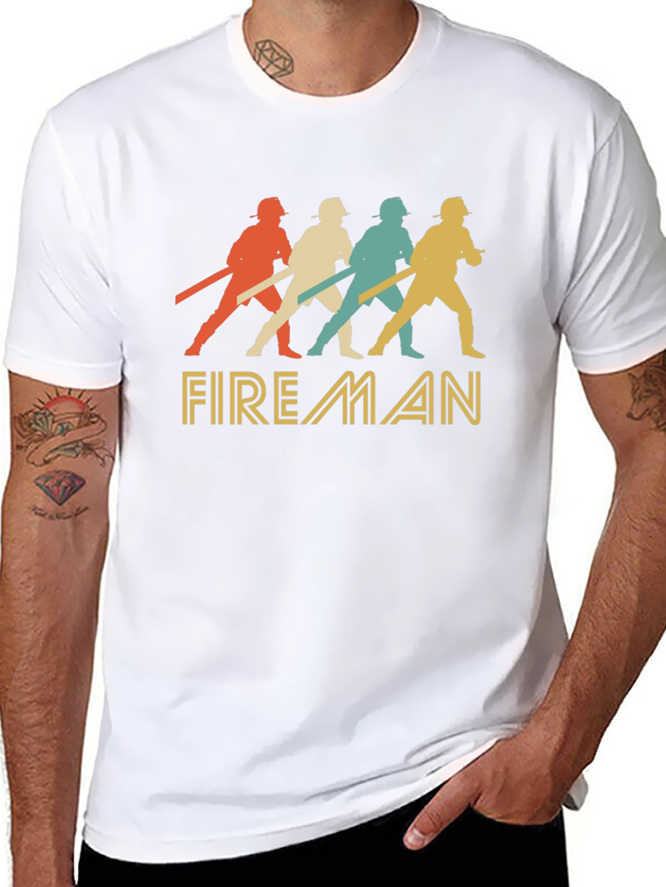 Black Retro Fireman Graphic Tee - Vintage Style Firefighter Shirt view 8