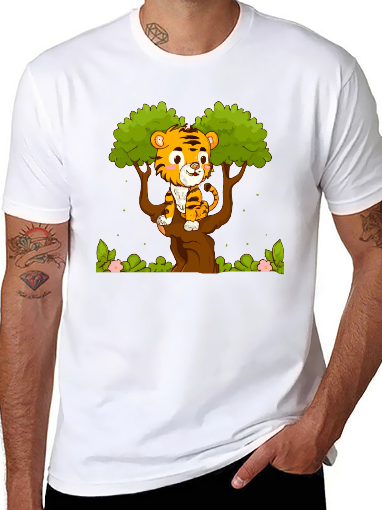 Black Cute Tiger Cub in Tree Graphic T-Shirt view 8