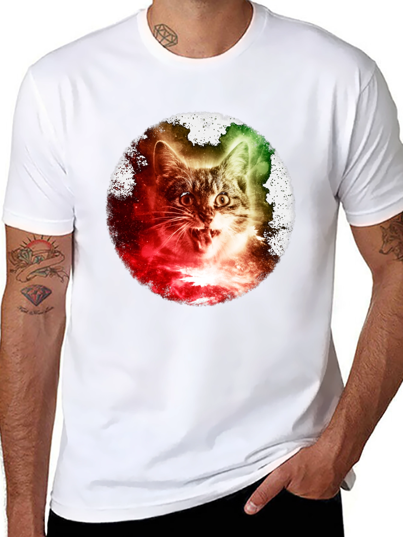 Black Galaxy Cat Graphic Tee - Unique Space Kitten T-Shirt view 8