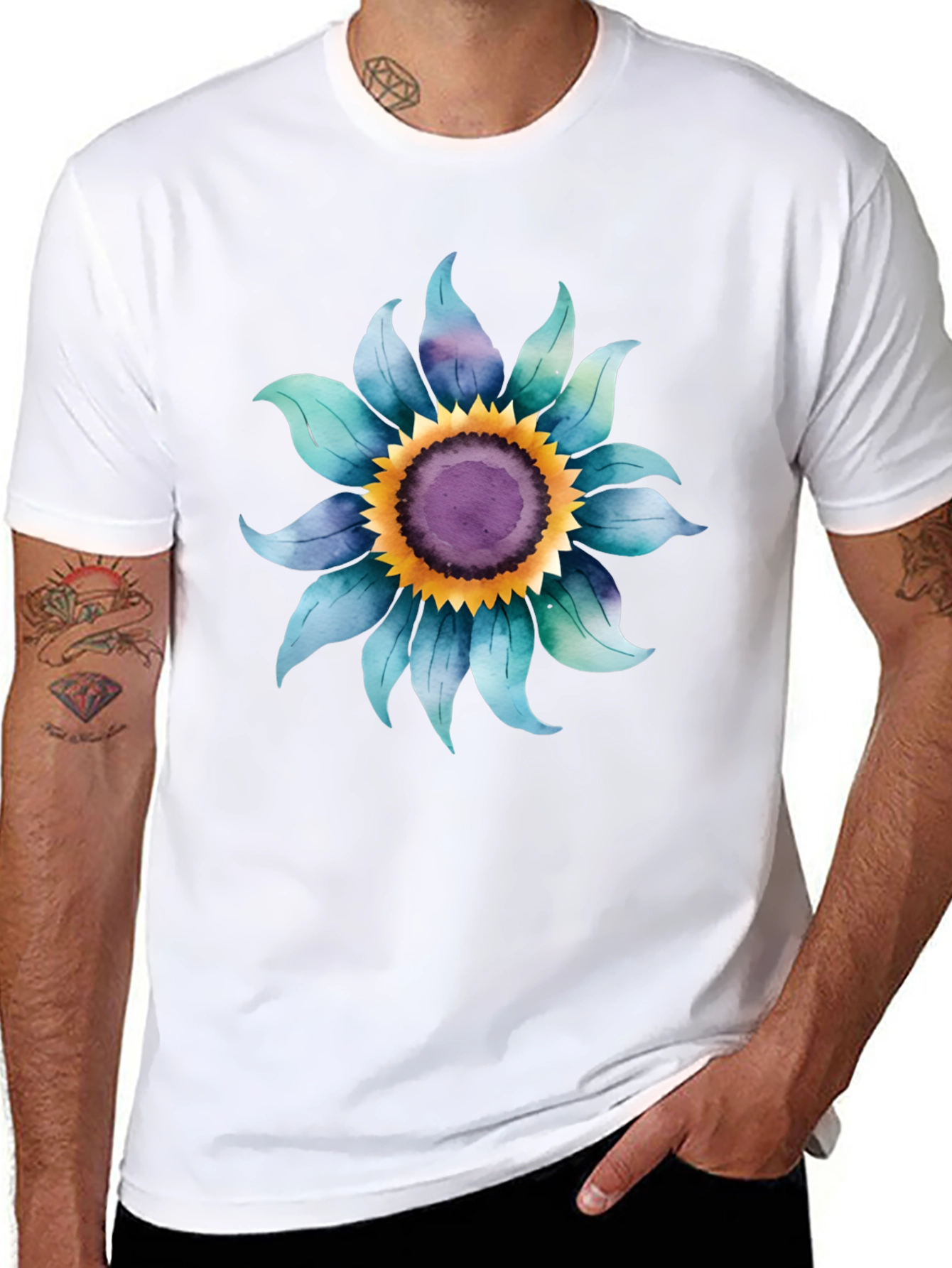 Black Blue Sunflower Graphic Tee - Soft Cotton Blend view 8