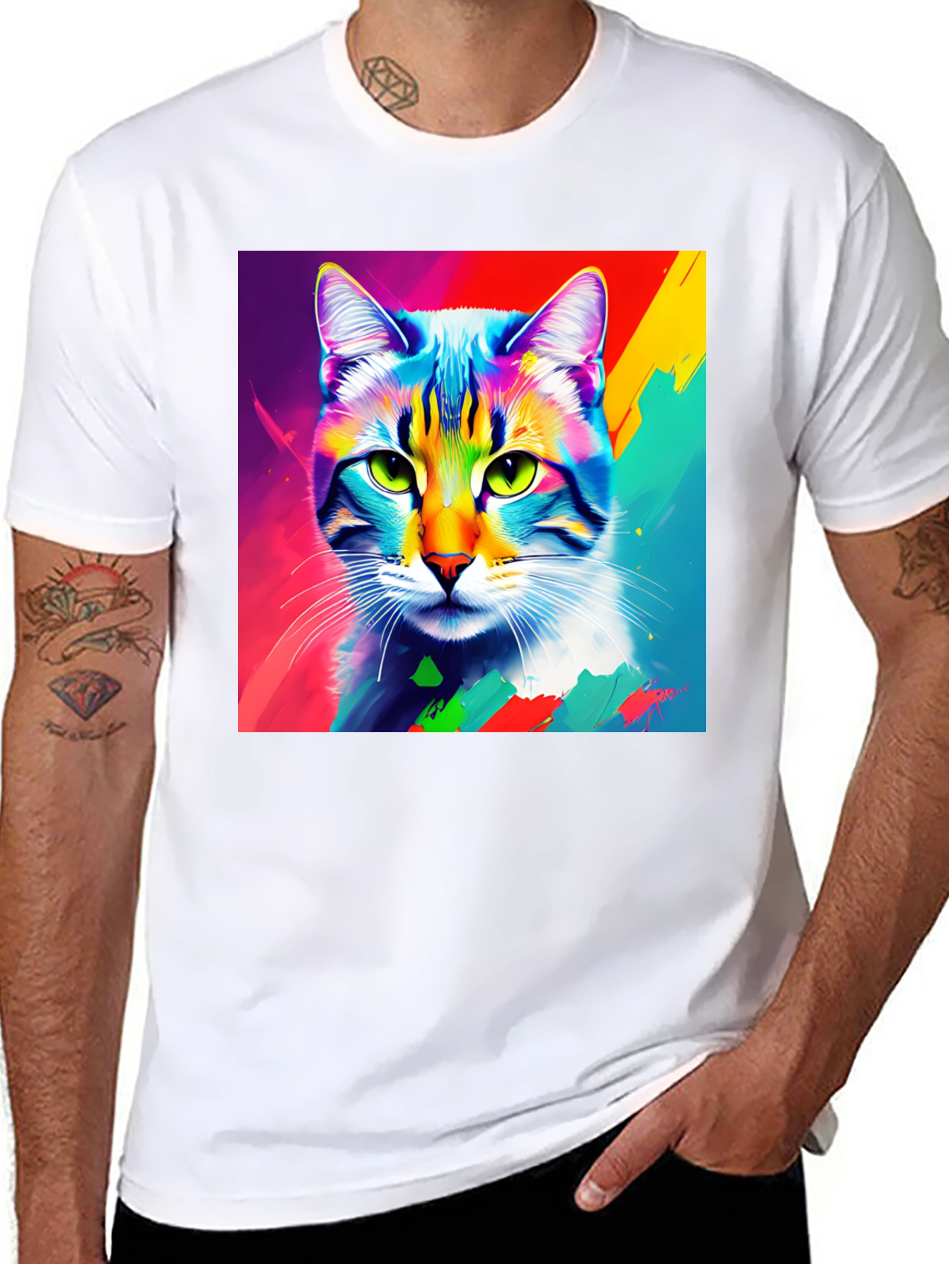 Black Vibrant Cat Portrait Graphic Tee - Stylish Crew Neck T-Shirt view 8