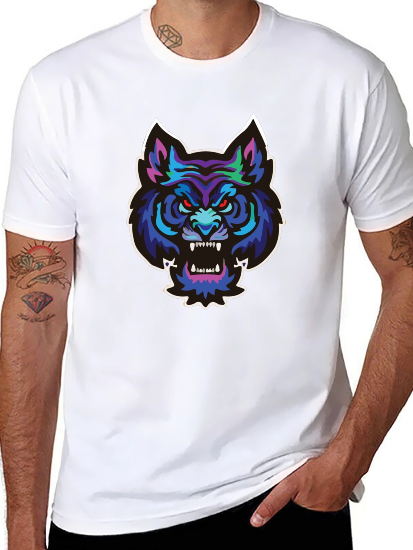 Black Men's Black T-Shirt with Wolf Graphic view 8