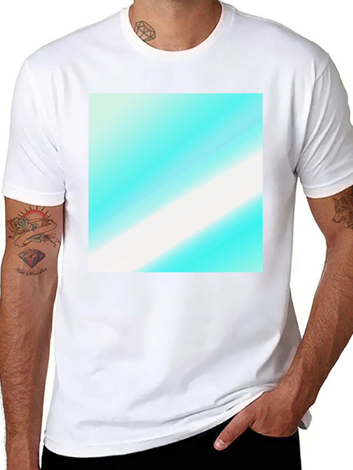 Black Modern Graphic Tee - Aqua & White Diagonal Design view 8